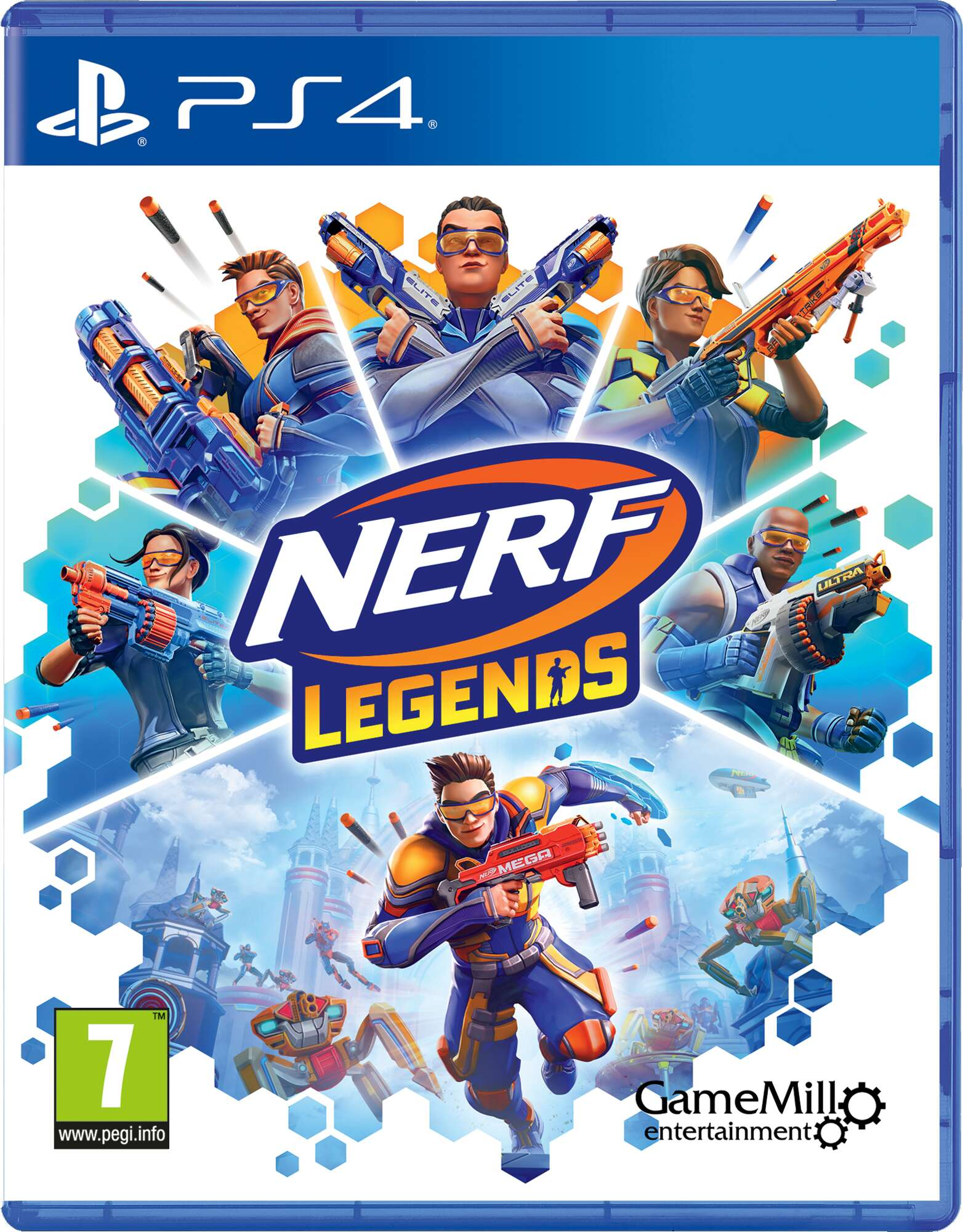 Grafica della scatola del gioco Nerf Legends. Diverse persone con pistole Nerf sono mostrate in pose dinamiche.