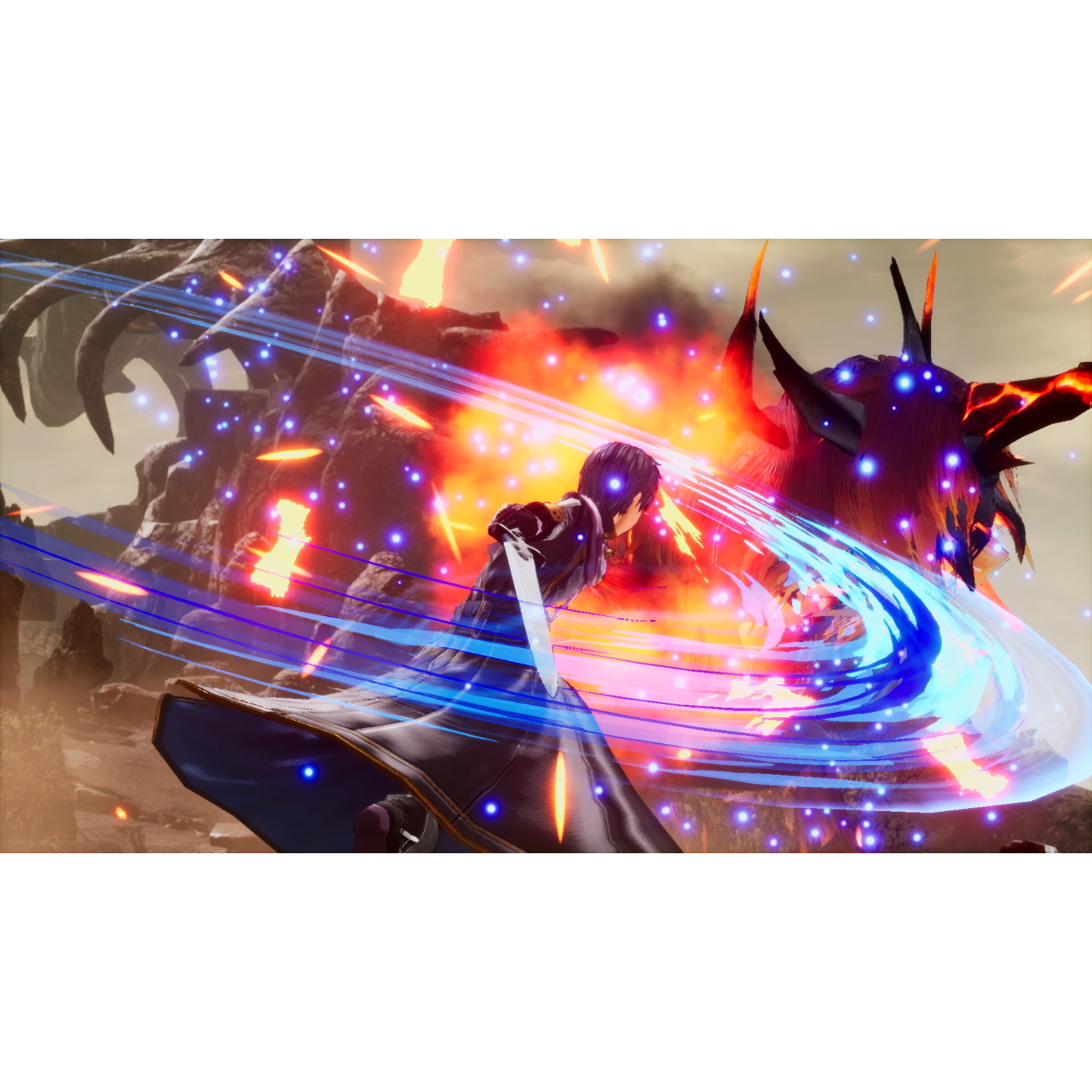 Postać walczy z ognistym smokiem. Światło i efekty na pierwszym planie ze sceną bitwy w tle.