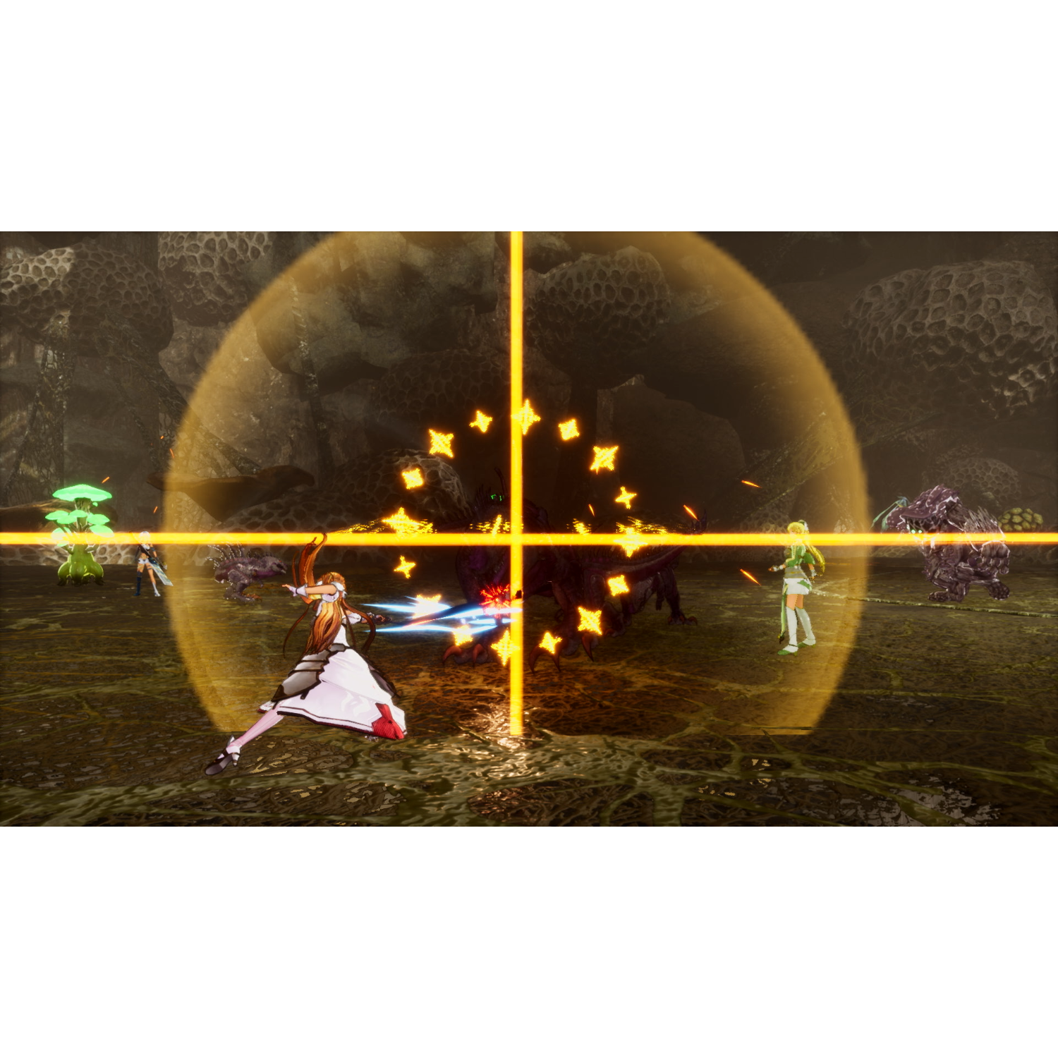 Scena z gry z postaciami walczącymi z potworami, obecny jest duży celownik.