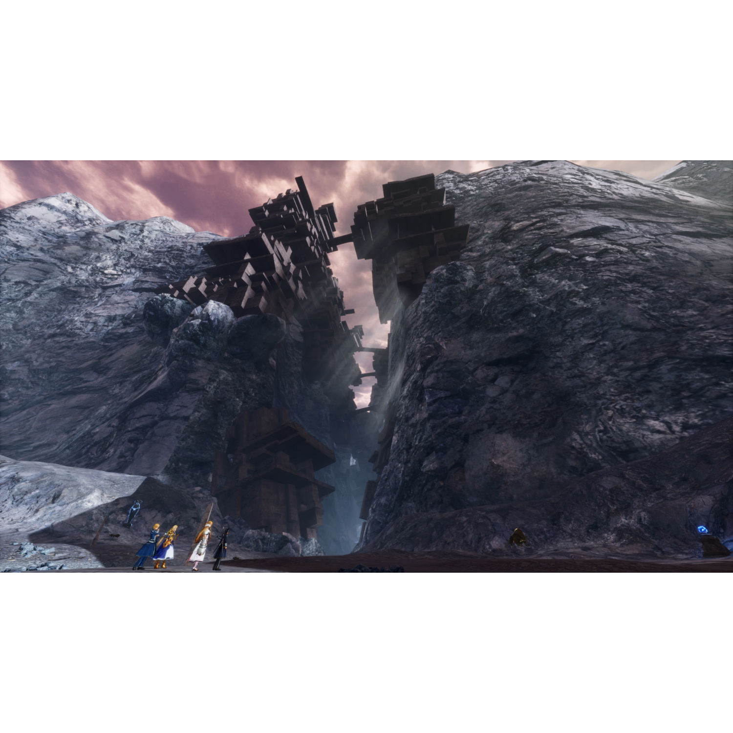 Scena z gry z postaciami w kanionie z dużą konstrukcją w tle. Mroczna i tajemnicza.