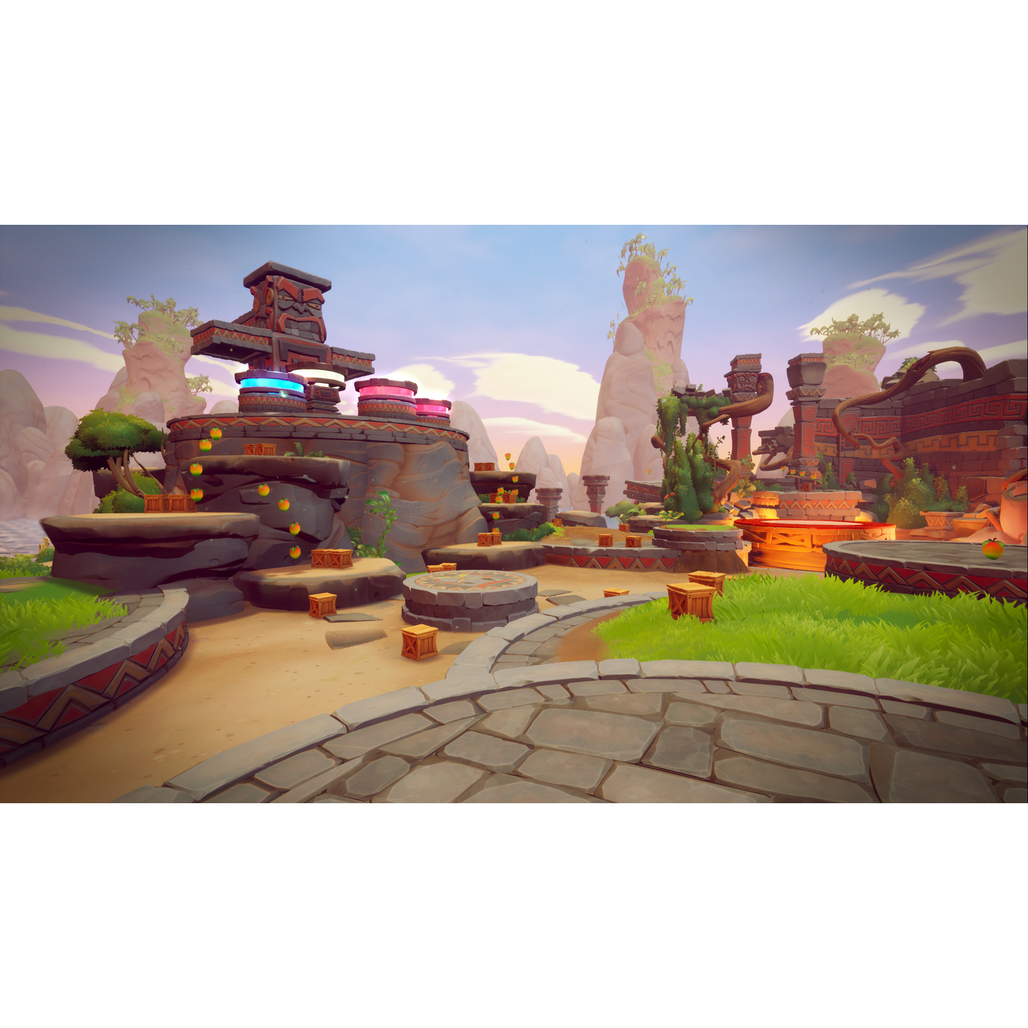Ambiente di gioco: un sentiero di pietra con un edificio rosso in stile azteco sullo sfondo.