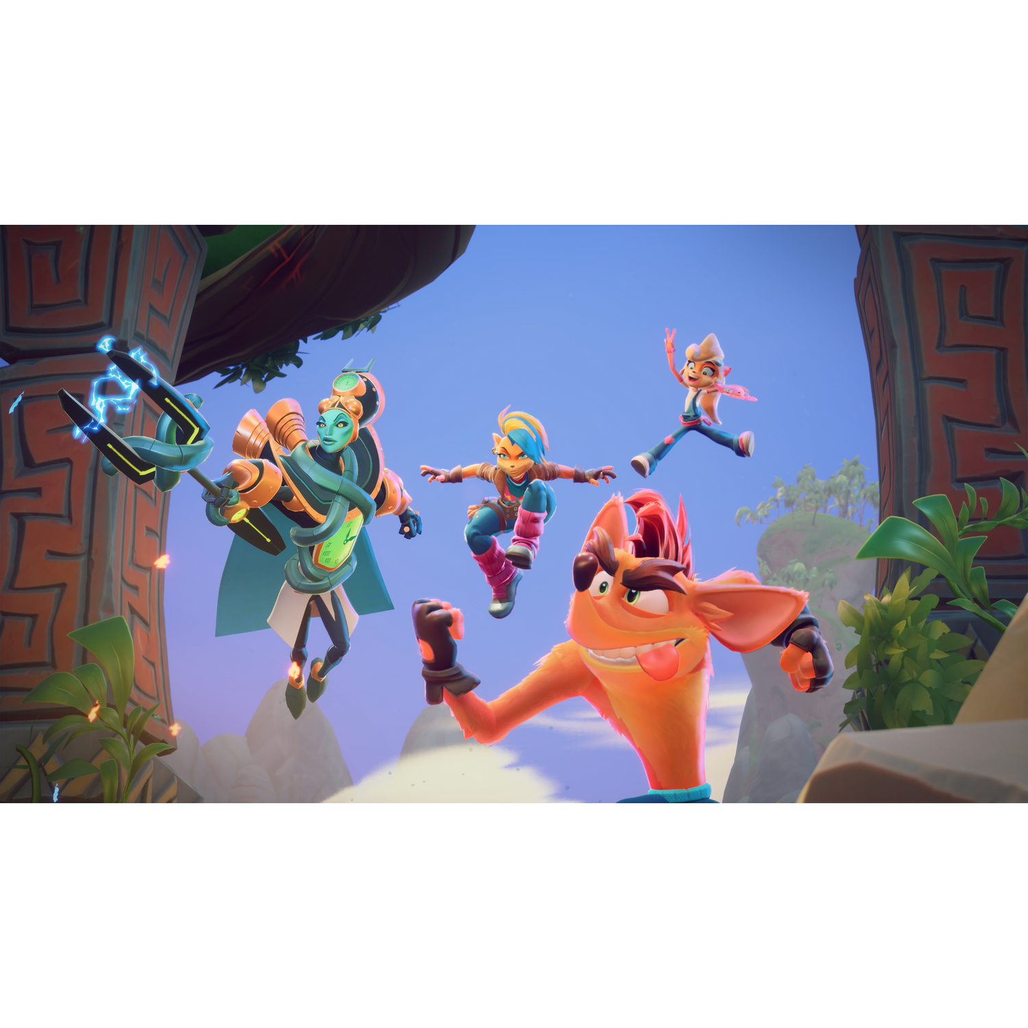 Personaggi di Crash Bandicoot che saltano in un ambiente colorato e cartoonesco.
