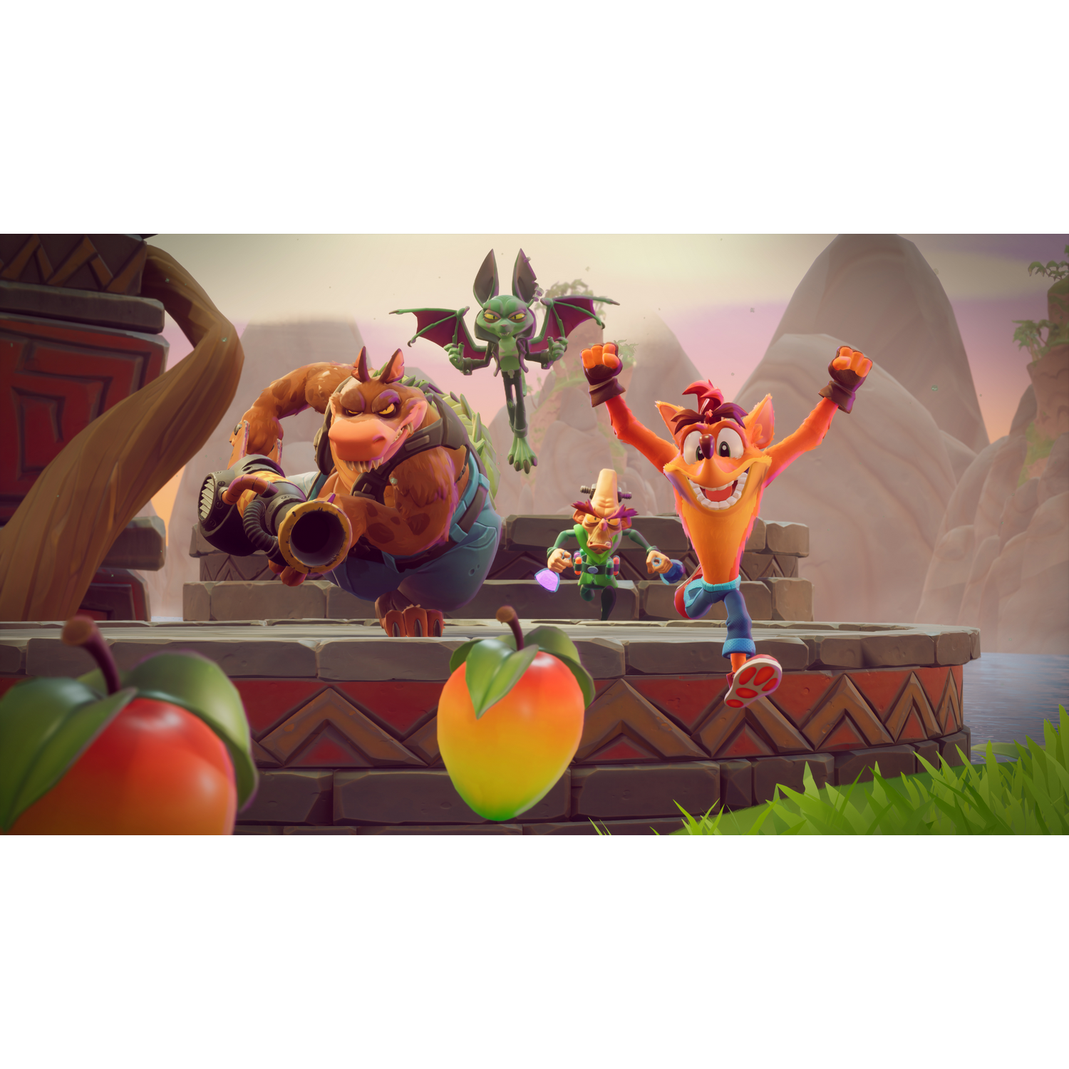 Un gruppo di personaggi dei cartoni animati in una scena di gioco. Un dinosauro, un diavolo e un personaggio arancione felice sono visibili.