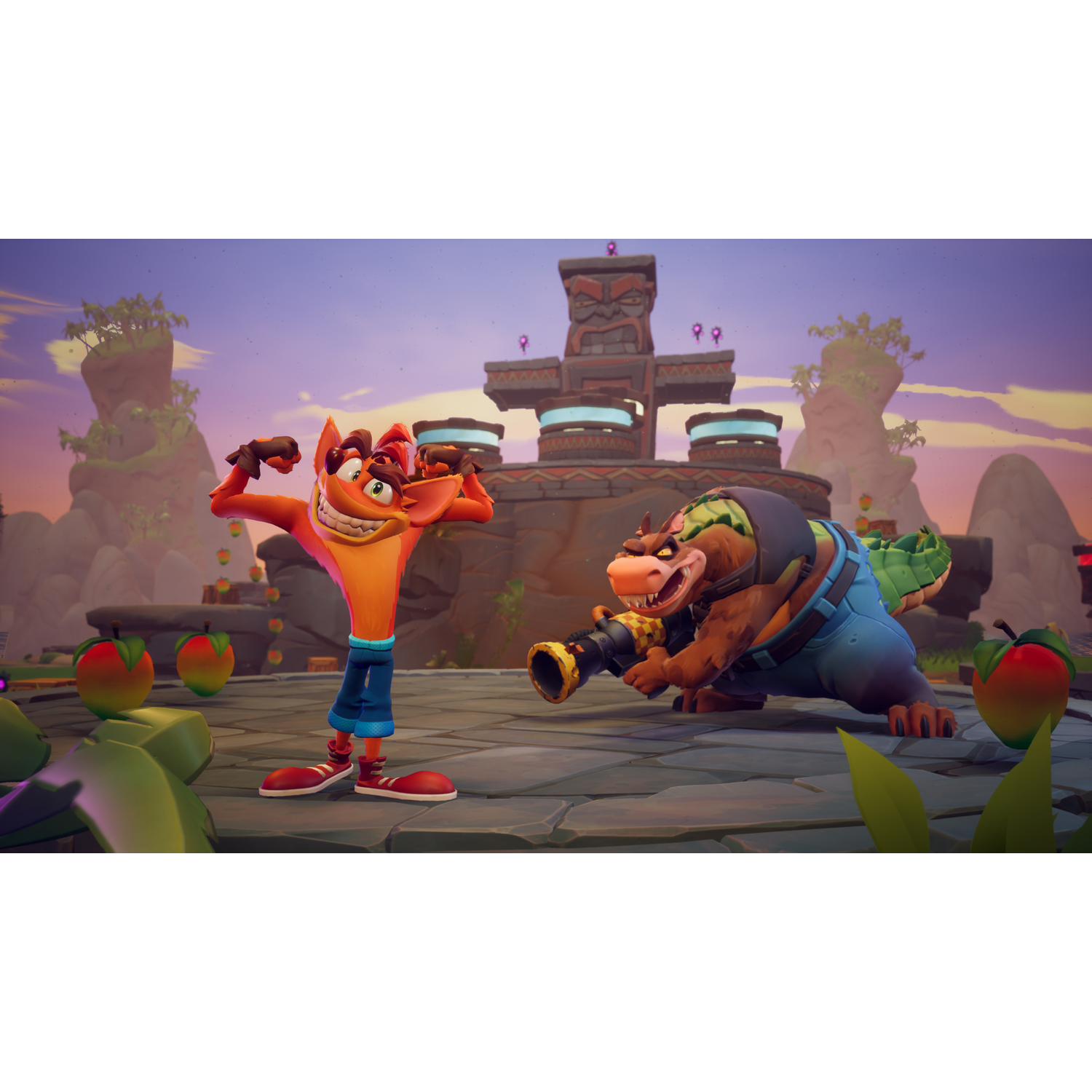 Crash Bandicoot e un personaggio simile a un coccodrillo si fronteggiano. La scena è un ambiente giungla colorato e a fumetti.