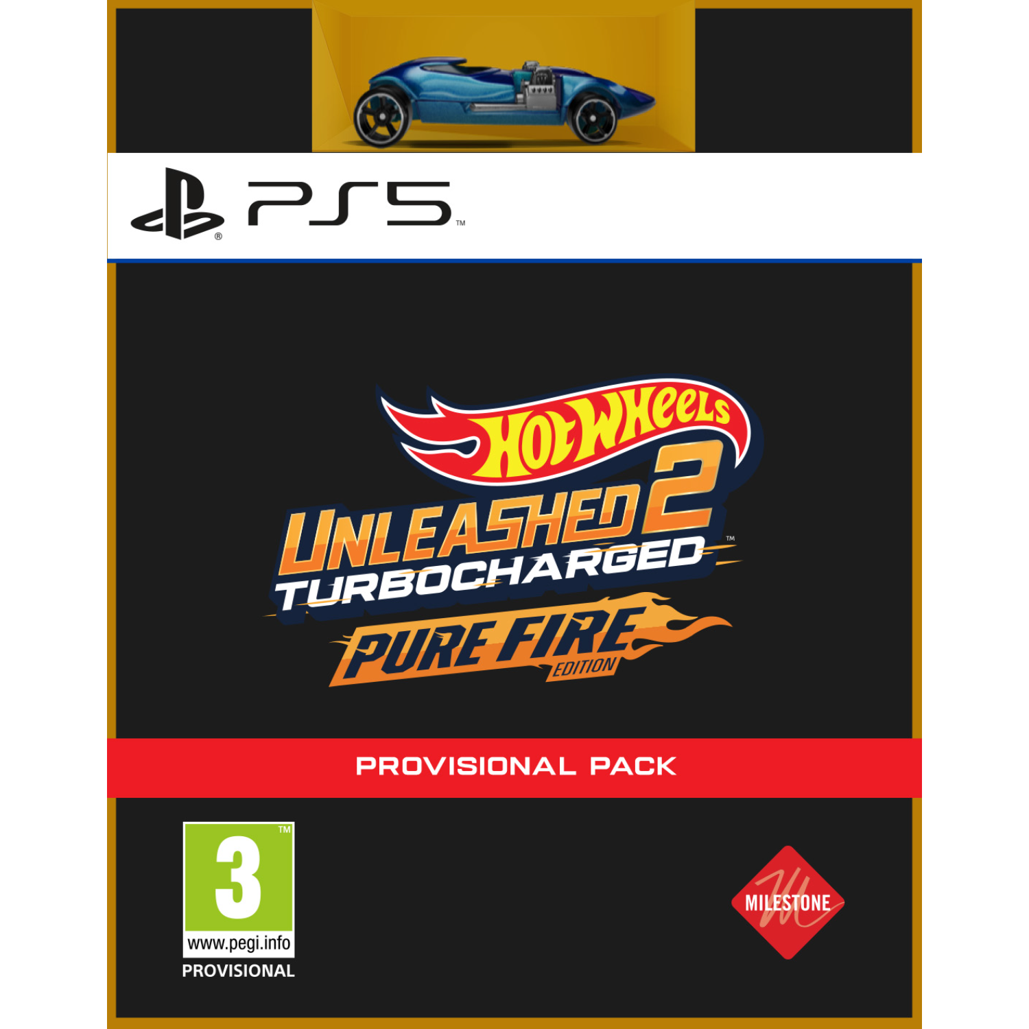 Okładka gry na PS5 'Hot Wheels Unleashed 2' z zabawką-samochodem i logo płomienia.