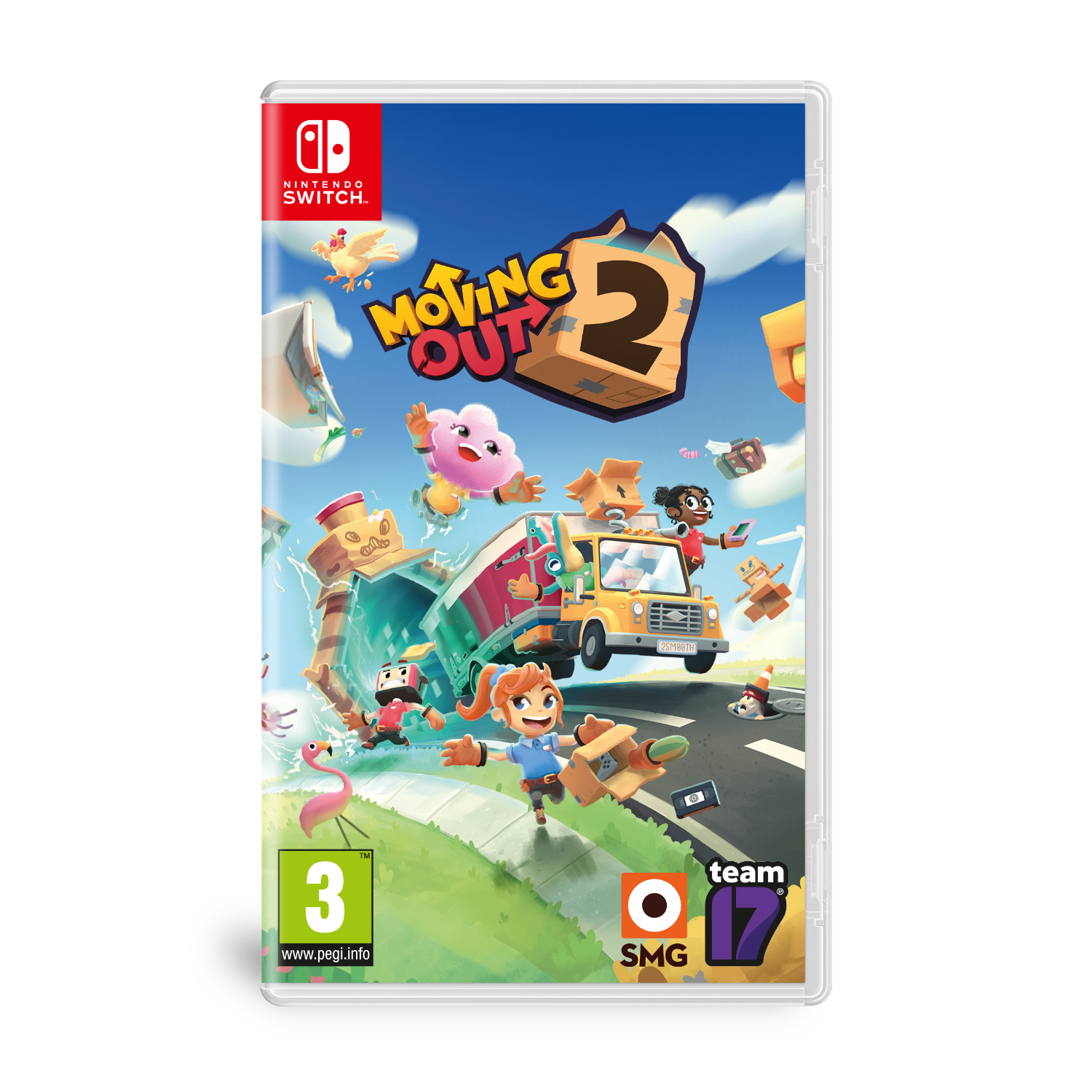 Moving Out 2 gamebox. Tekenfilmfiguren laden een vrachtwagen met verschillende objecten op straat.