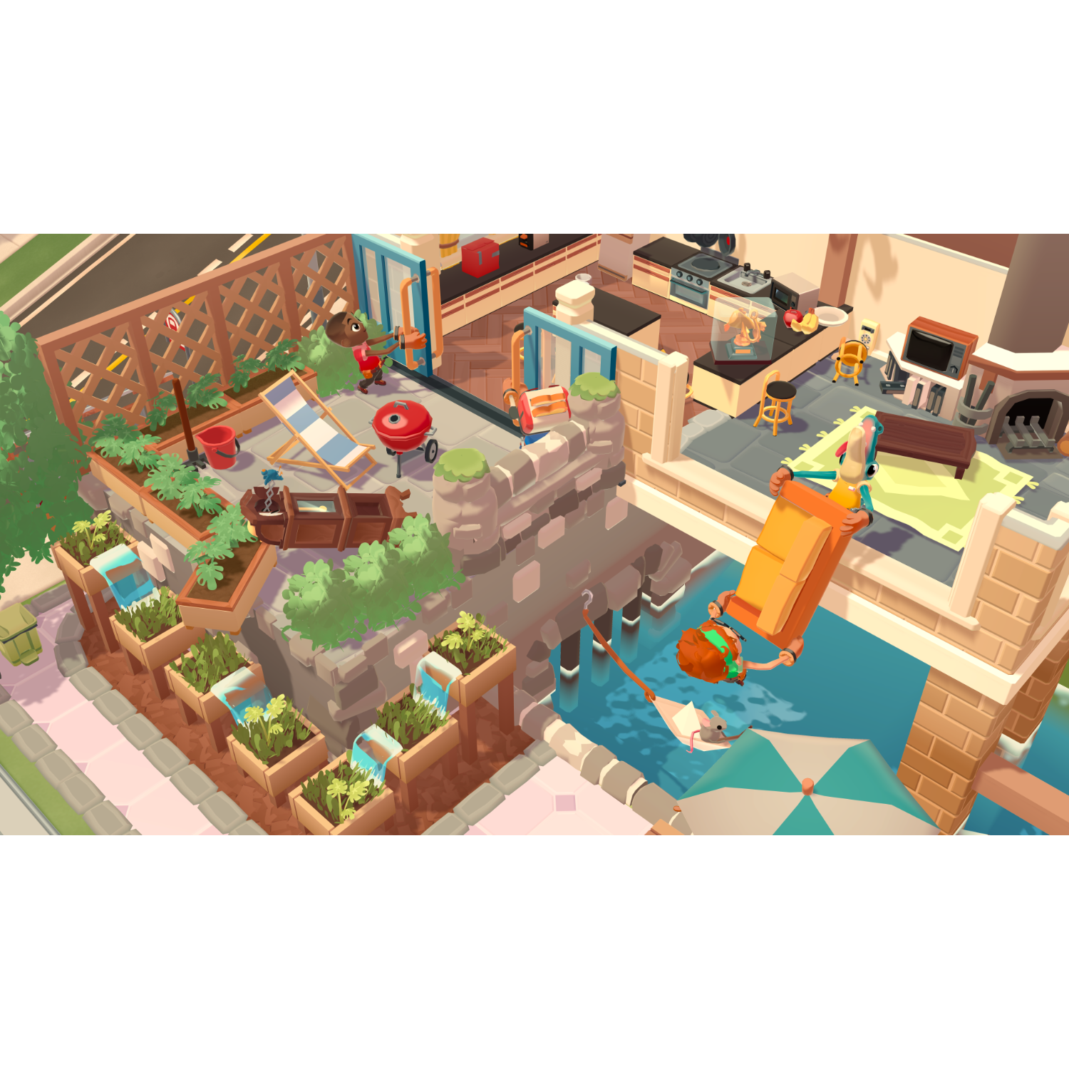 Overcooked-achtige spelscène. Een personage vist in het water terwijl een ander op de patio kookt.