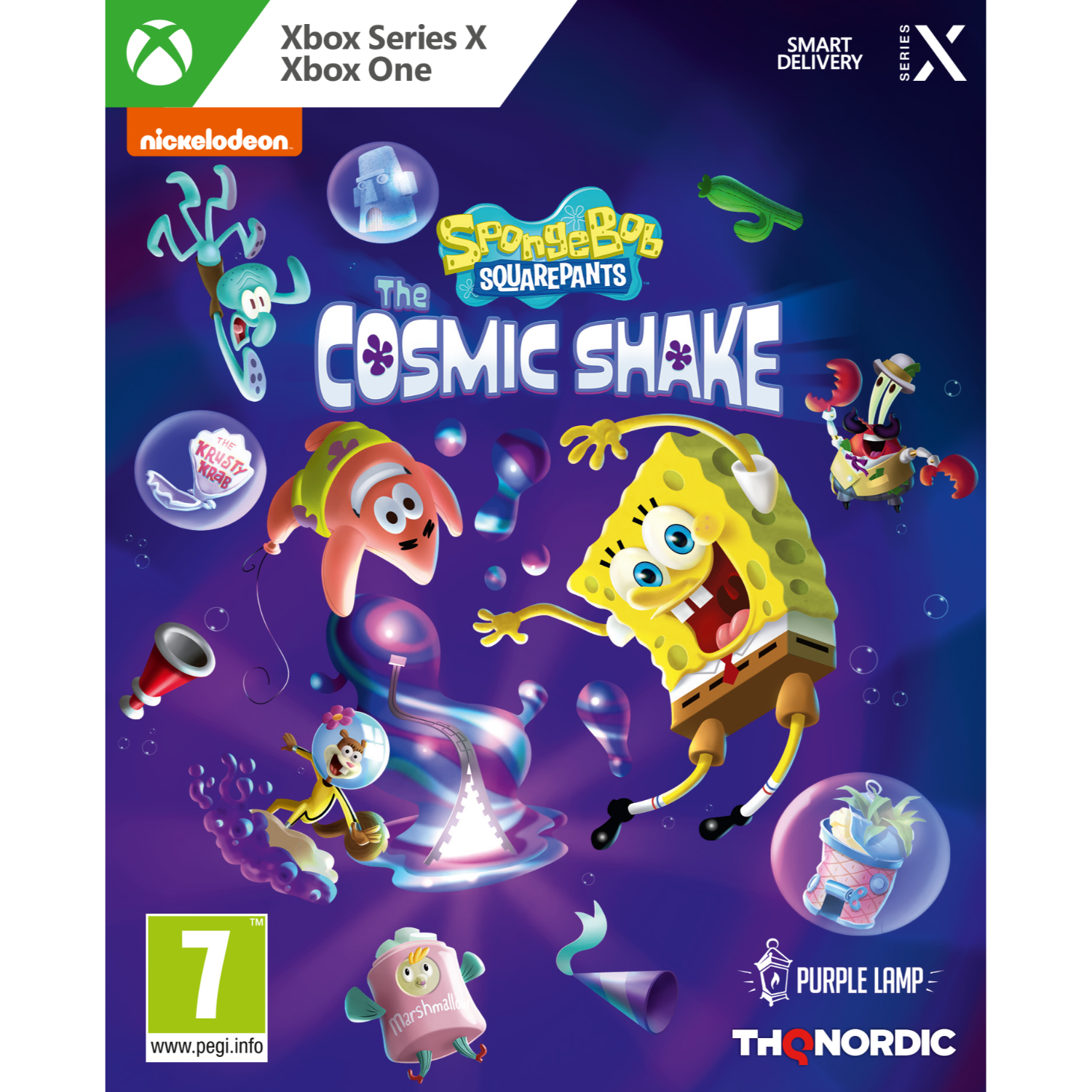 Grafika pudełka gry Spongebob Squarepants z postaciami na fioletowym, kosmicznym tle.