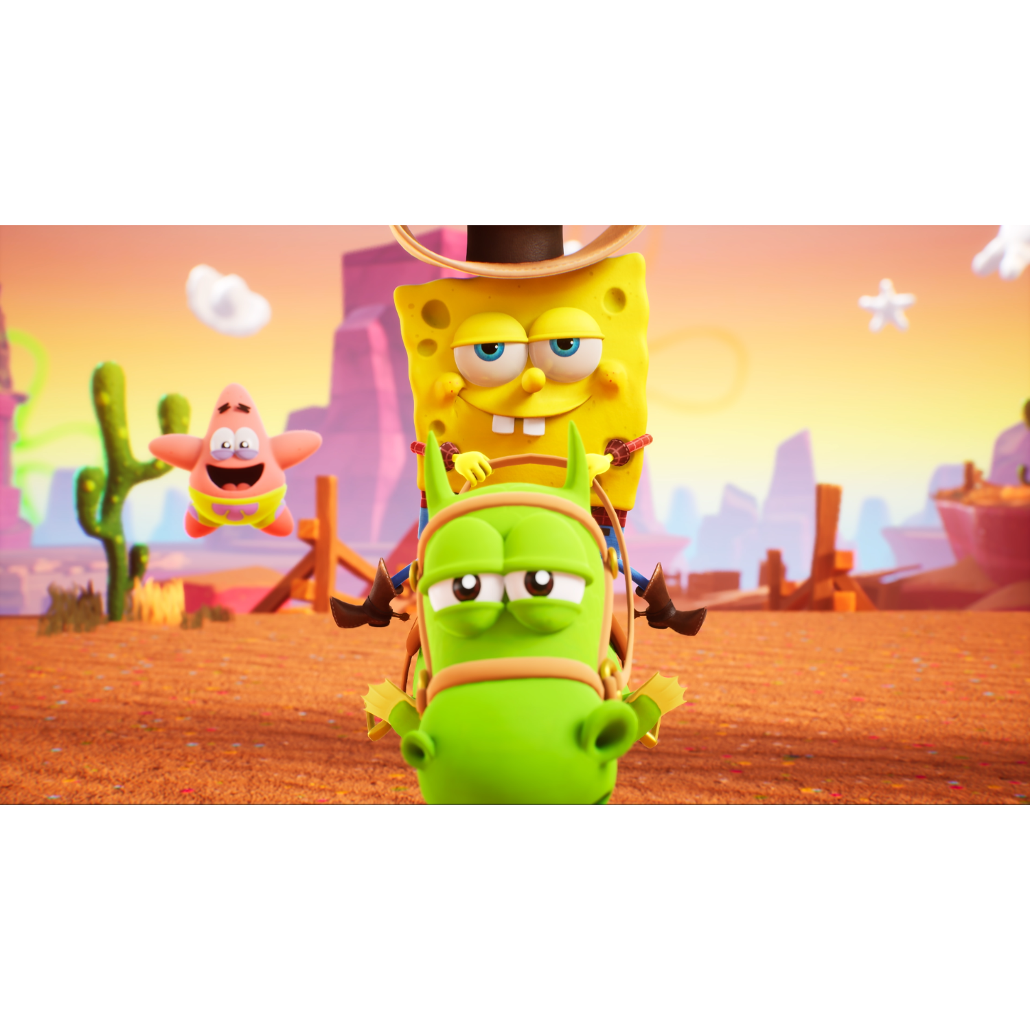 Spongebob i Patryk jadą na zielonym koniu w scenerii dzikiego zachodu z kaktusem i kapeluszem kowbojskim.