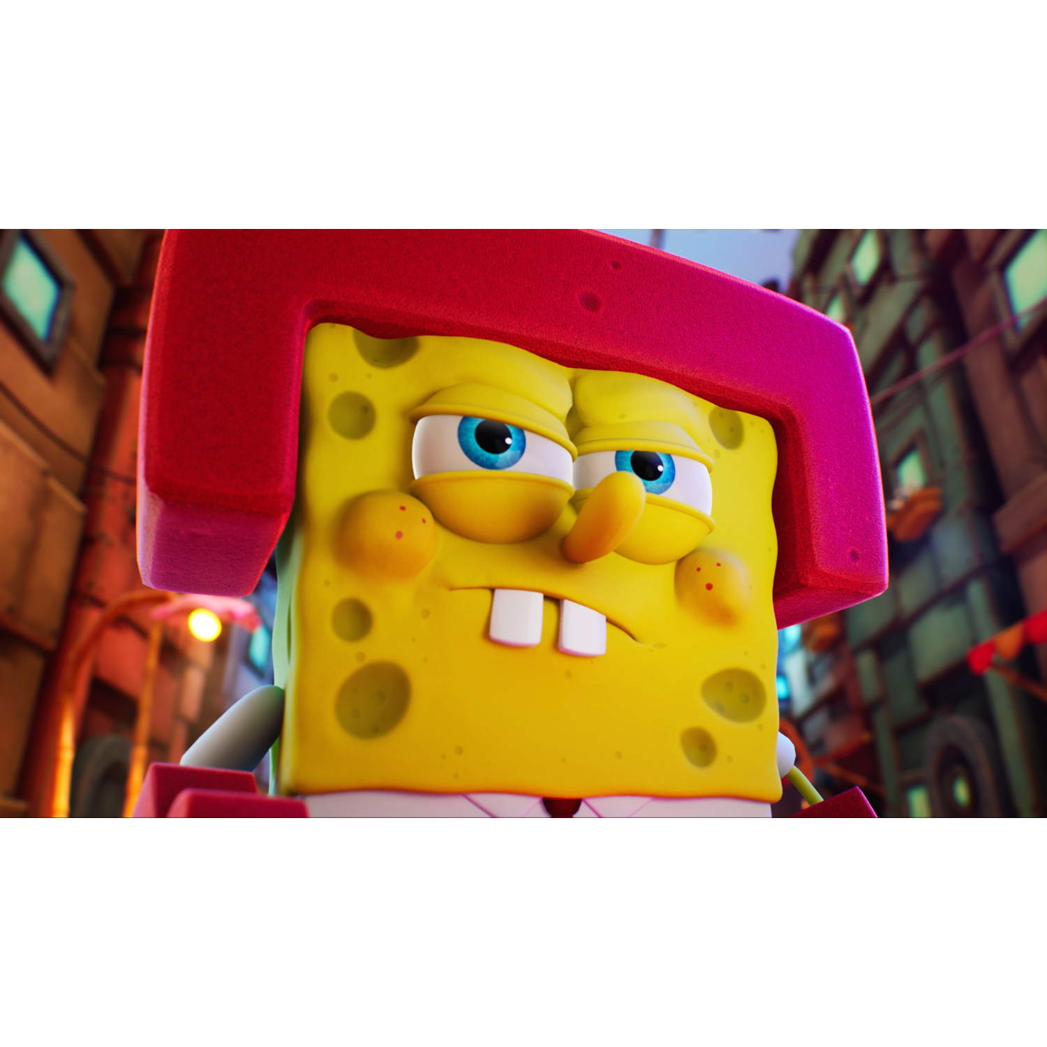 Postać SpongeBoba Kanciastoportego z czerwonym hełmem w scenerii miejskiej.