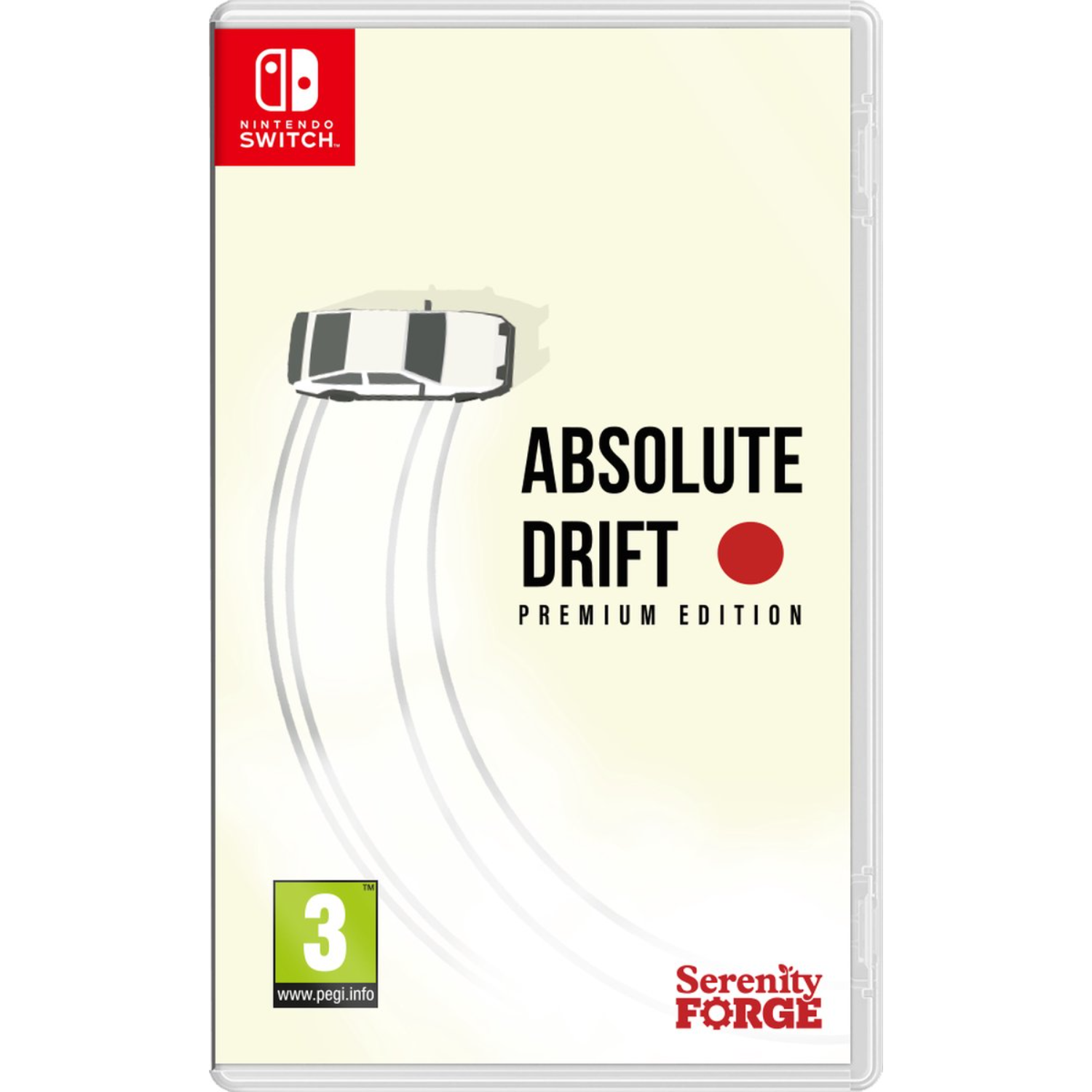 Copertina del gioco Absolute Drift: Premium Edition con un'auto bianca su custodia Nintendo Switch.