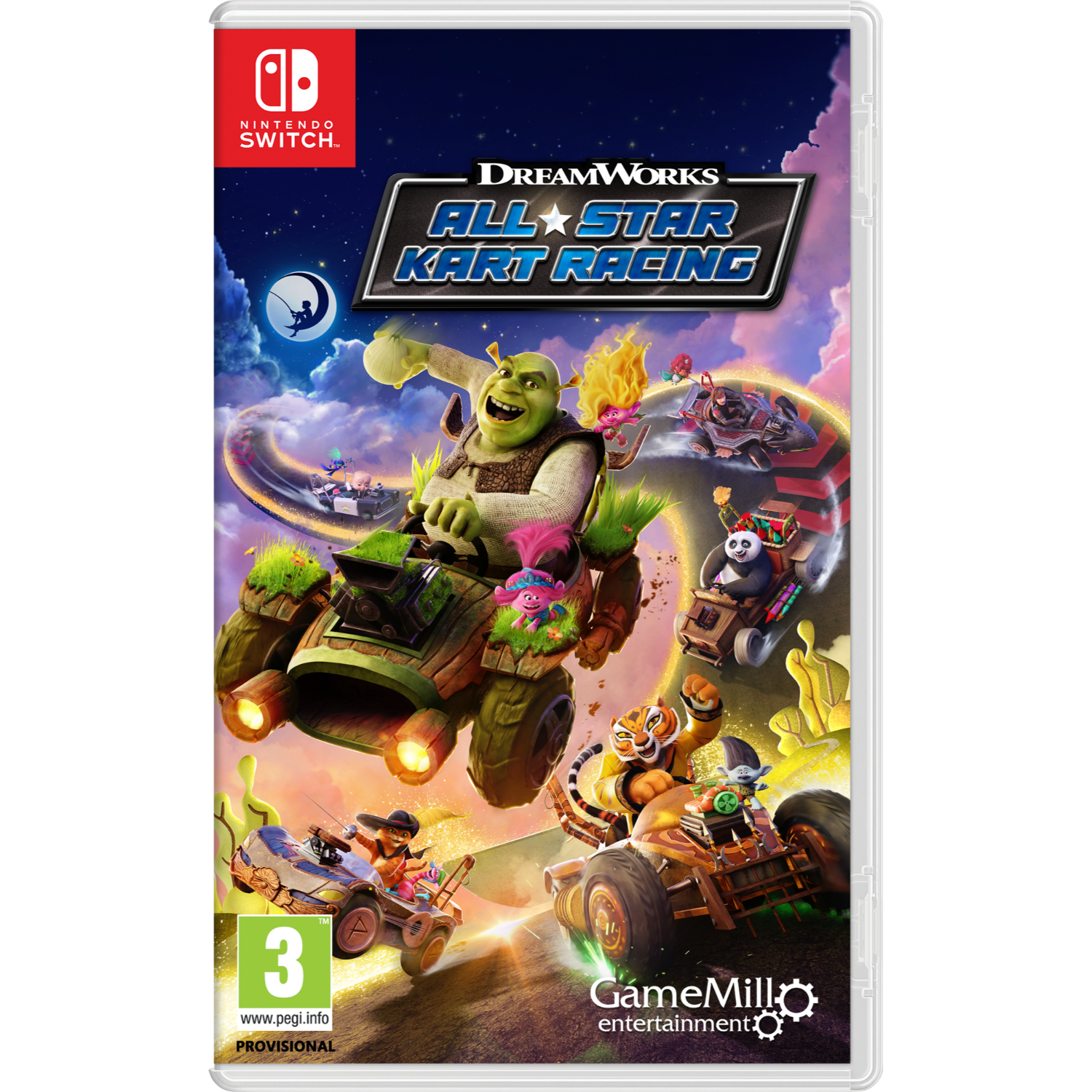 Grafika pudełka z grą. Shrek prowadzi gokart. Inne postacie również prowadzą gokarty. Widoczne logo Nintendo Switch.