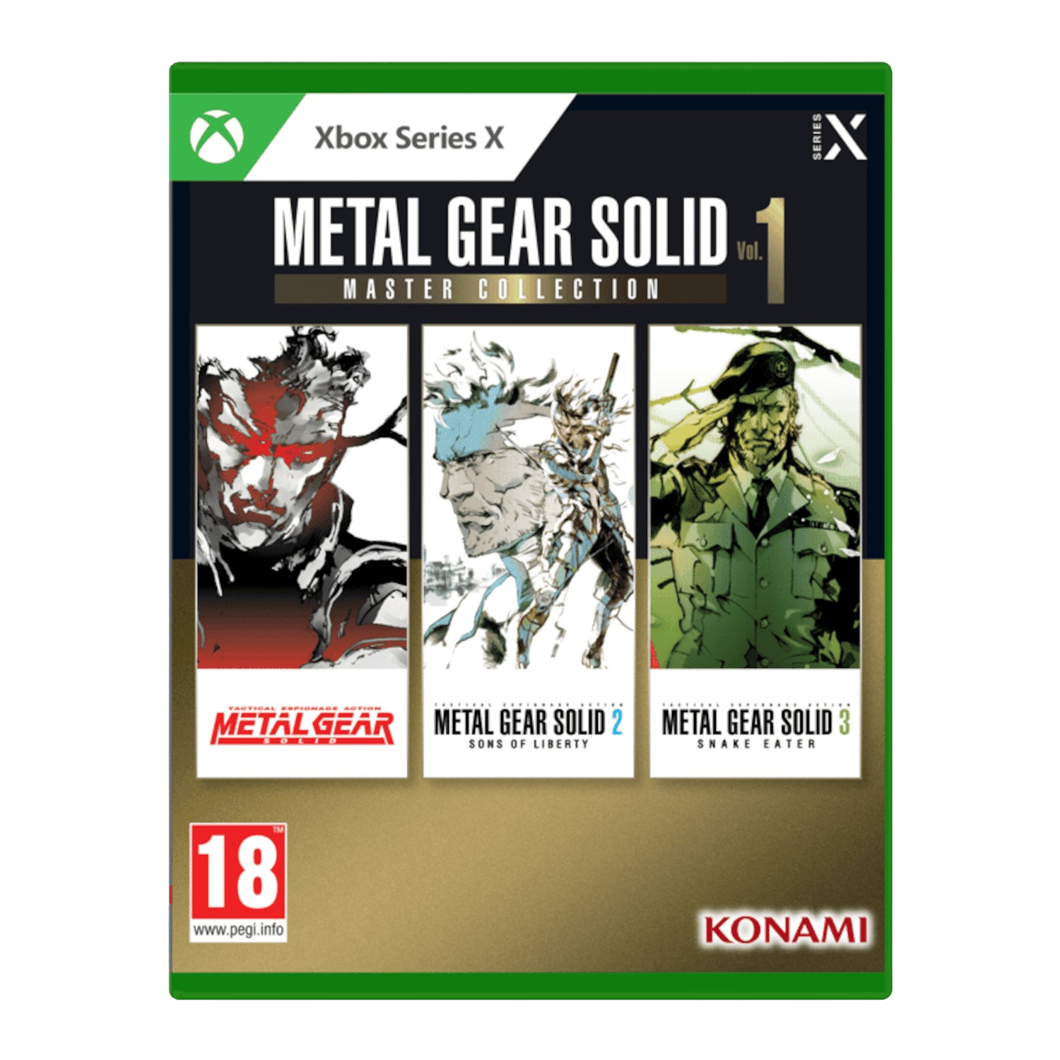 Copertina del gioco: 'Metal Gear Solid Master Collection Vol. 1' con tre copertine. Scatola Xbox Series X.