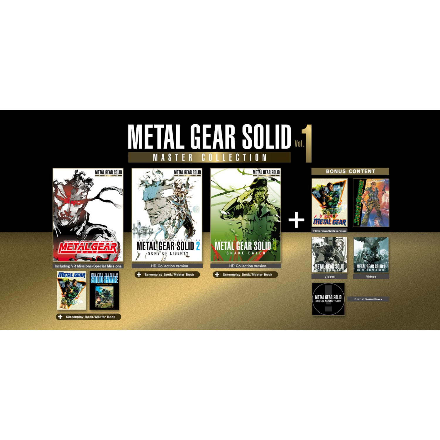 Artwork della scatola di gioco per 'Metal Gear Solid: Master Collection Vol. 1'. Presenta più copertine di giochi e contenuti bonus.