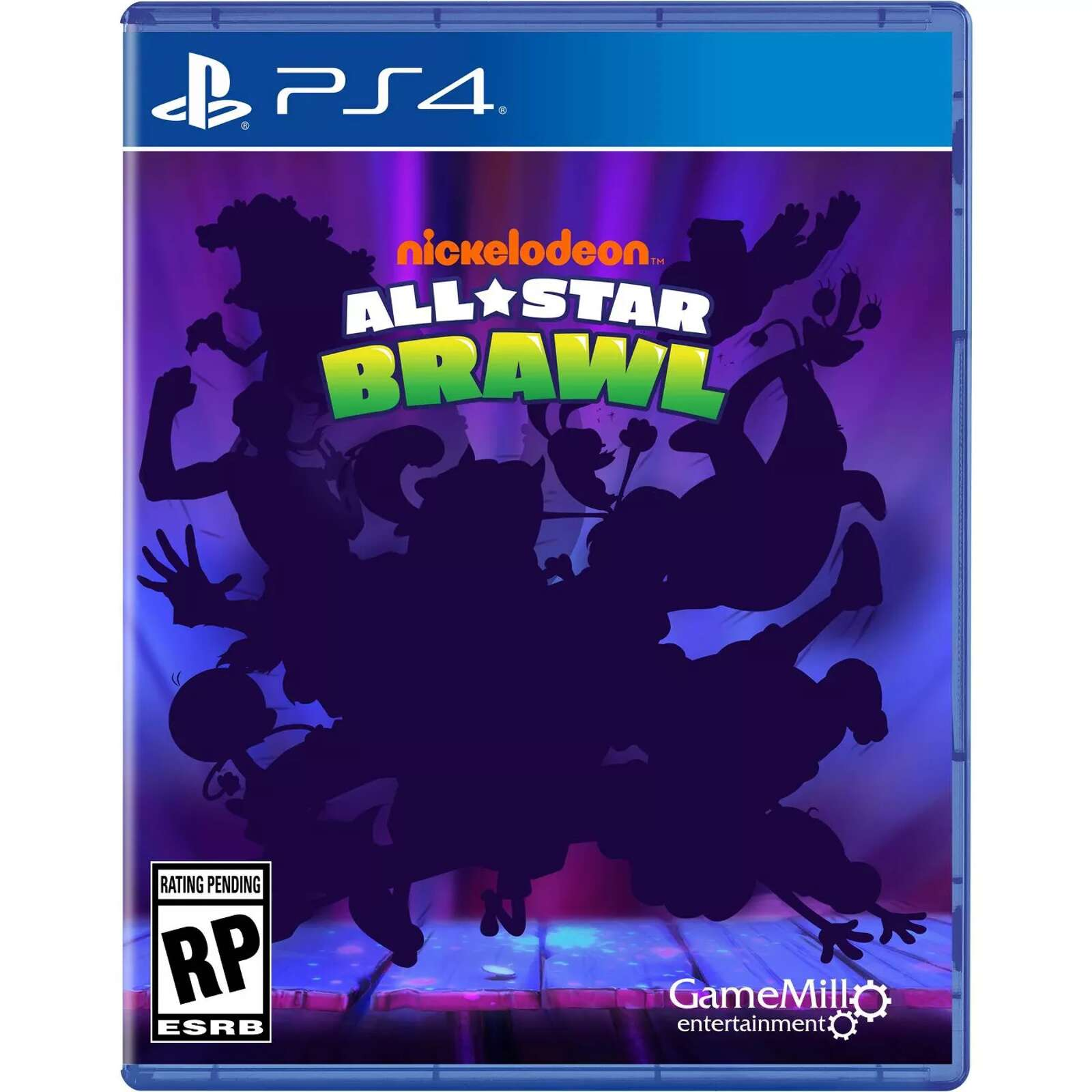 Okładka gry na PS4. Sylwetki postaci w fioletowej scenie, z tytułem "All Star Brawl".