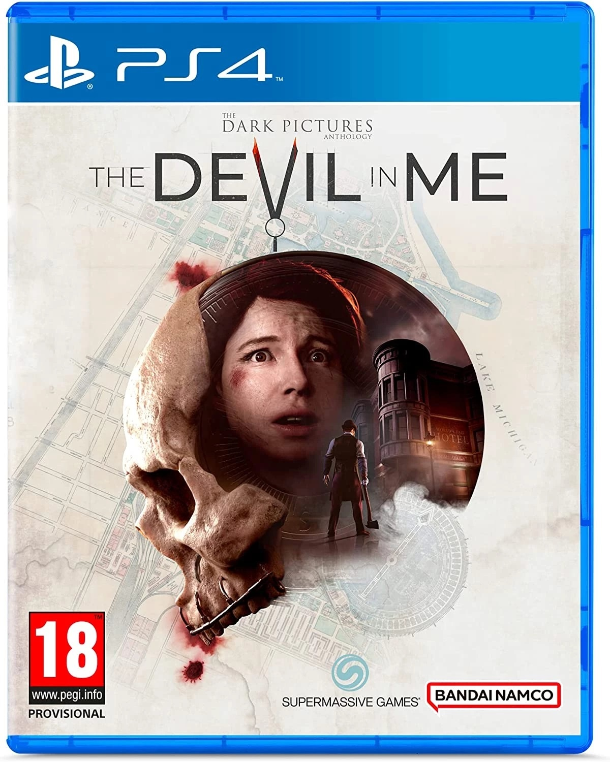 Pudełko gry PS4. The Dark Pictures Anthology: The Devil in Me, z czaszką i twarzą.