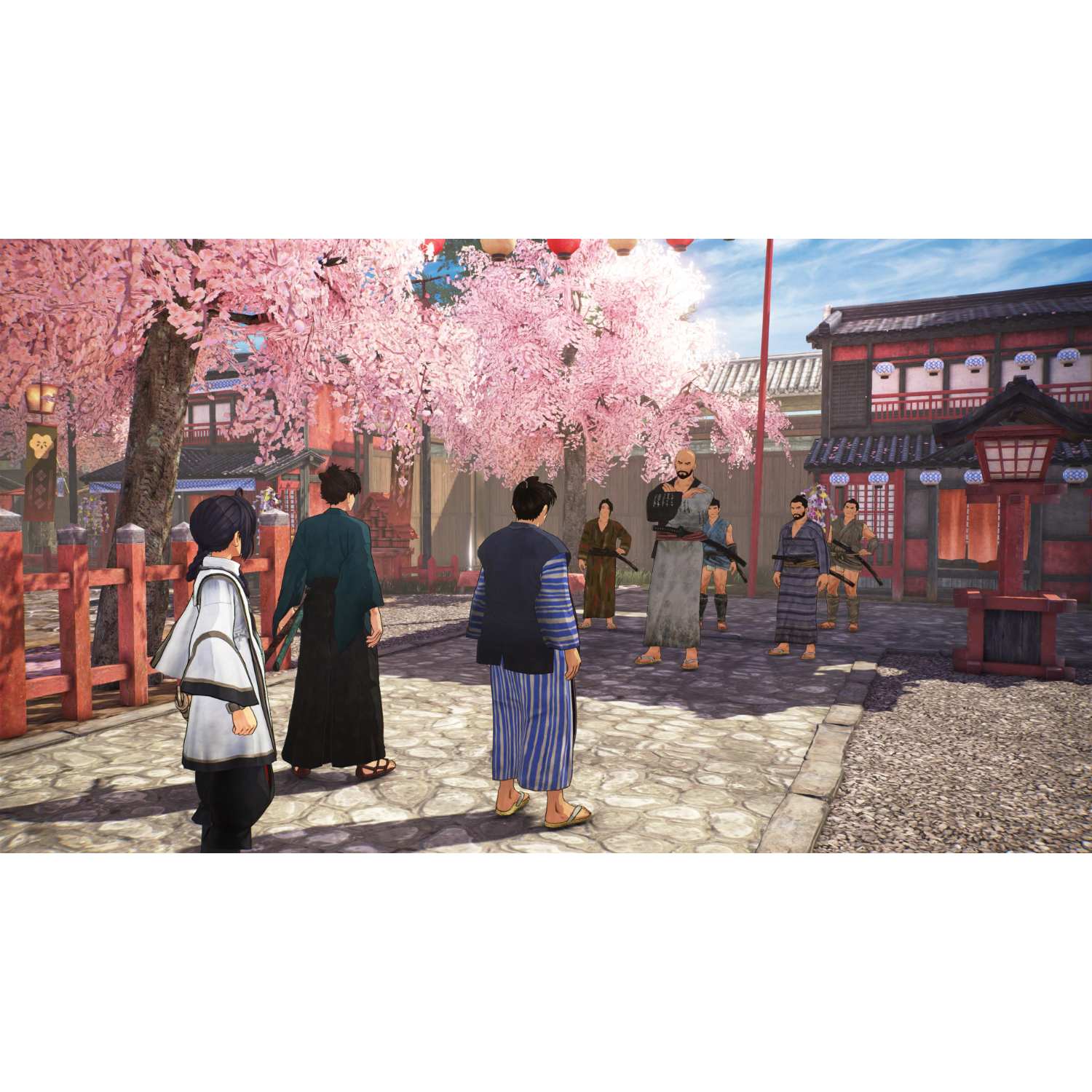 Scena z gry w japońskim miasteczku z interakcją postaci.