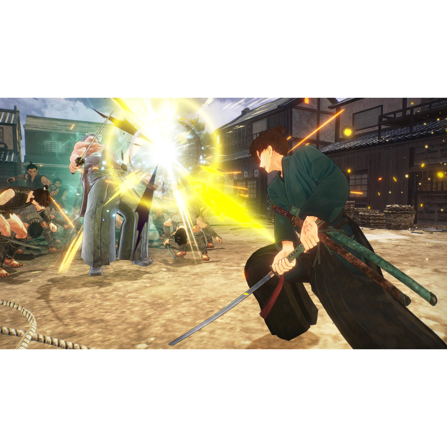 Samuraj z dwoma mieczami walczy, inni samuraje są w tle. Efekt jasnego światła.