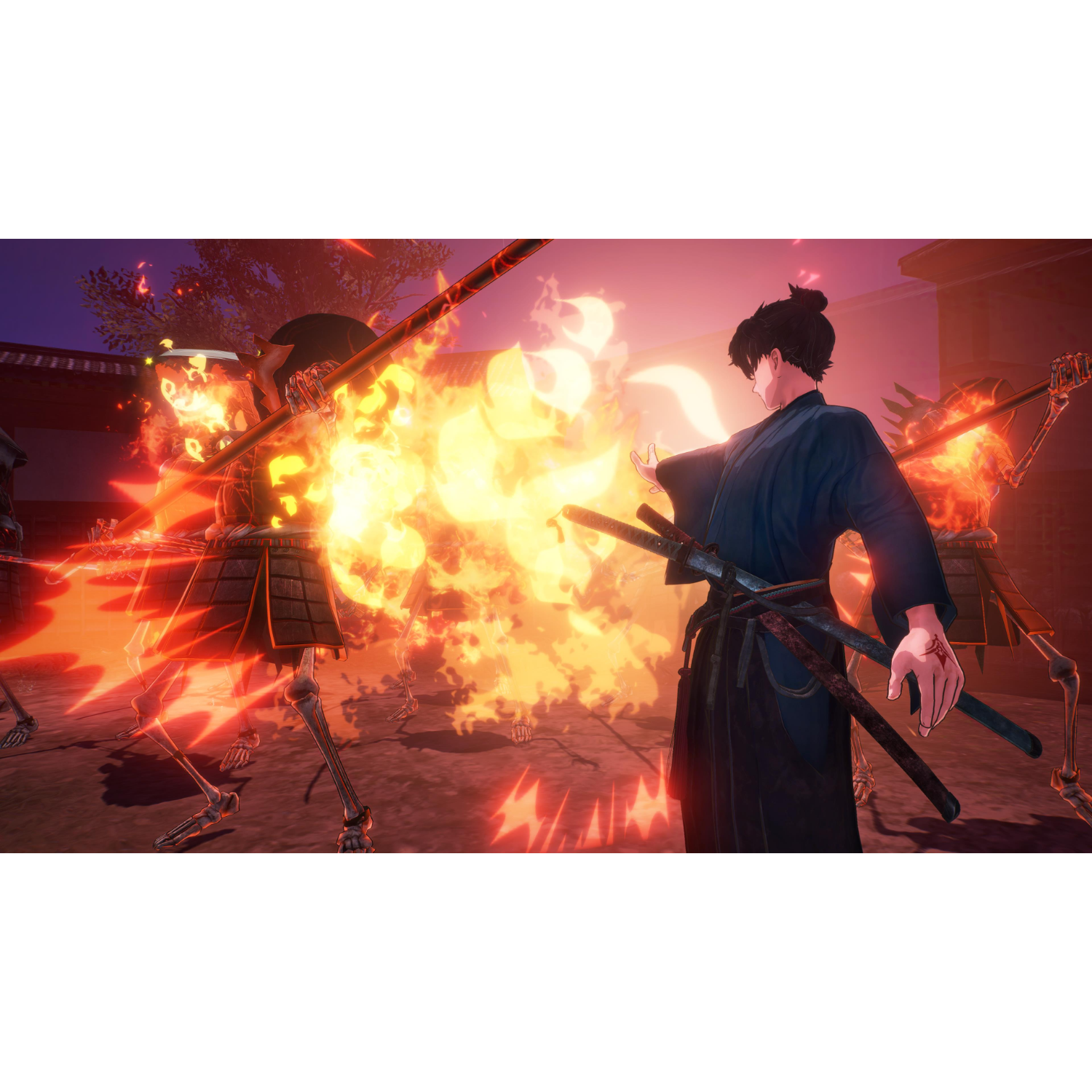 Postać z anime w kolorze niebieskim, otoczona ogniem, naprzeciwko grupy szkieletów z mieczami.