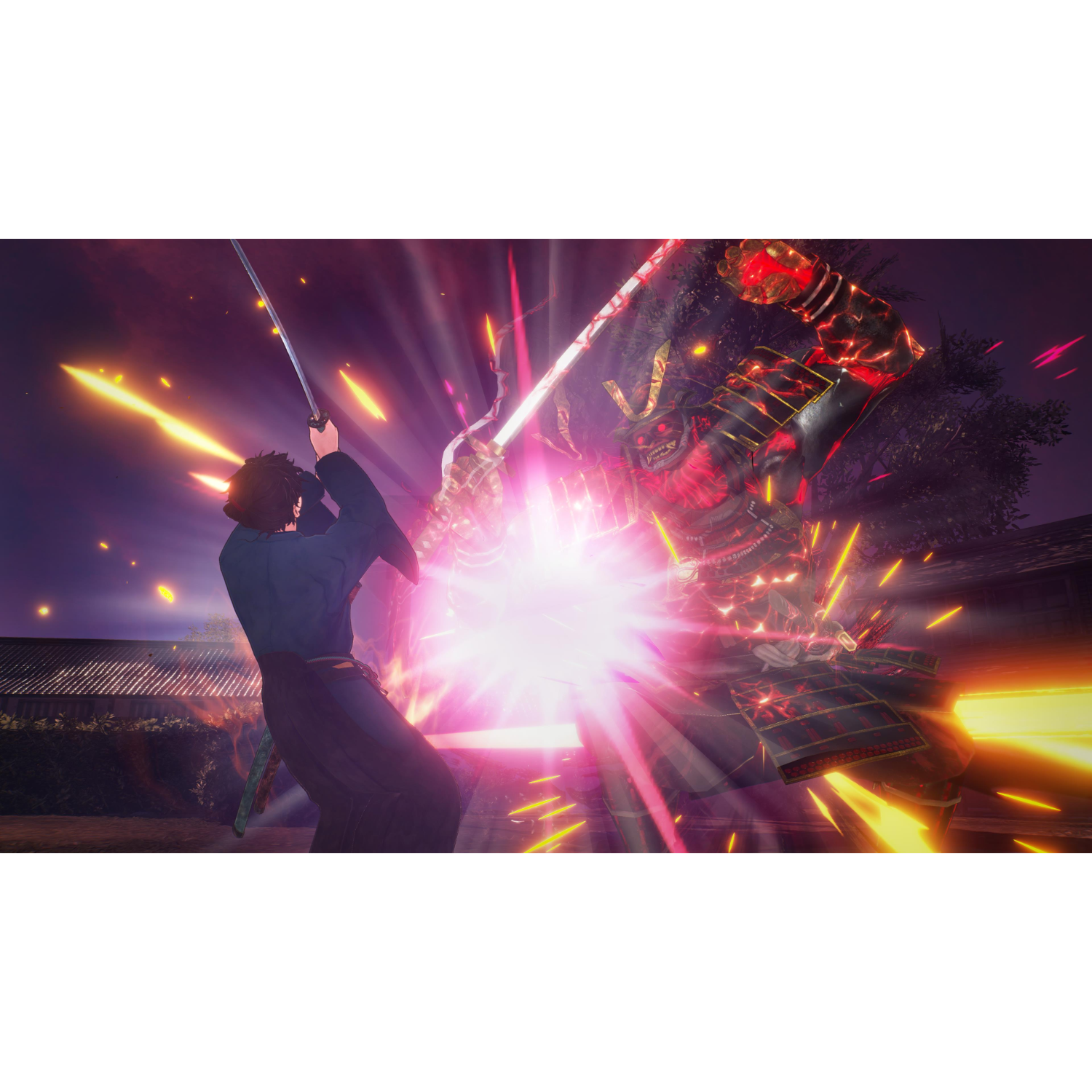 Samuraj walczy z demonem mieczem. Jasny różowy i czerwony efekt świetlny.