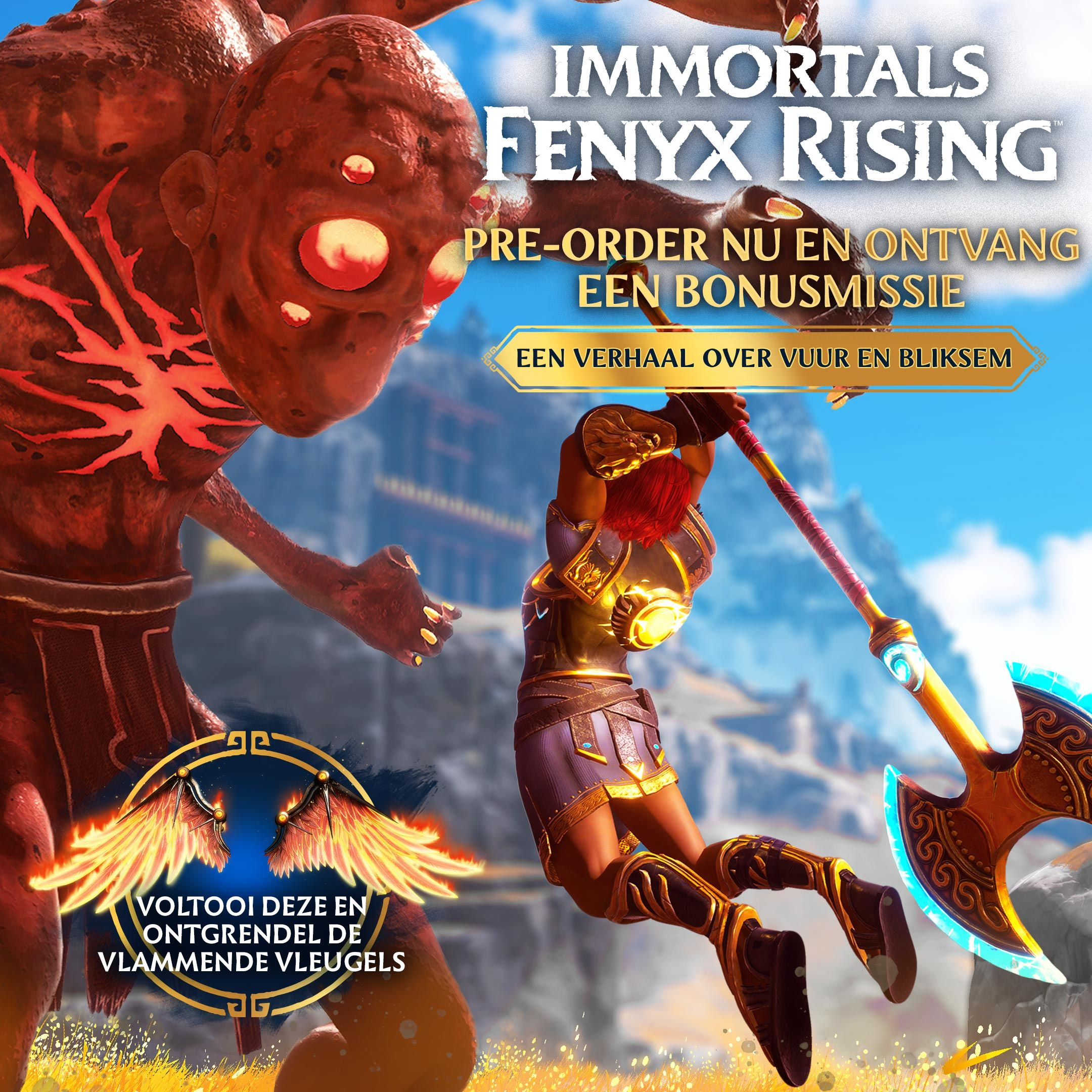 Un guerriero combatte un mostro in un gioco fantasy. Titolo: Immortals Fenyx Rising.