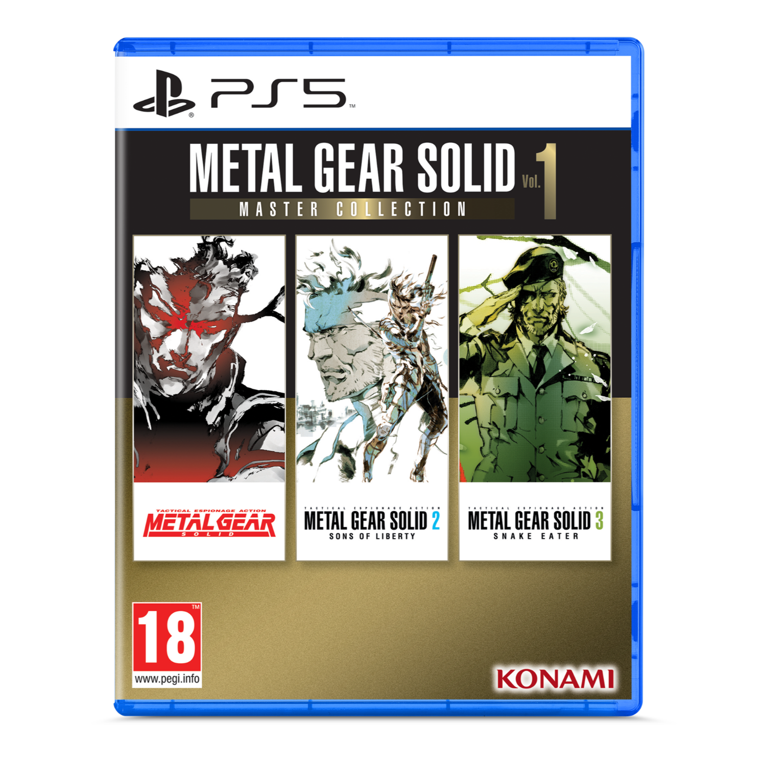 Pudełko gry PS5. Metal Gear Solid: Master Collection Vol. 1, z trzema okładkami gier z przodu.