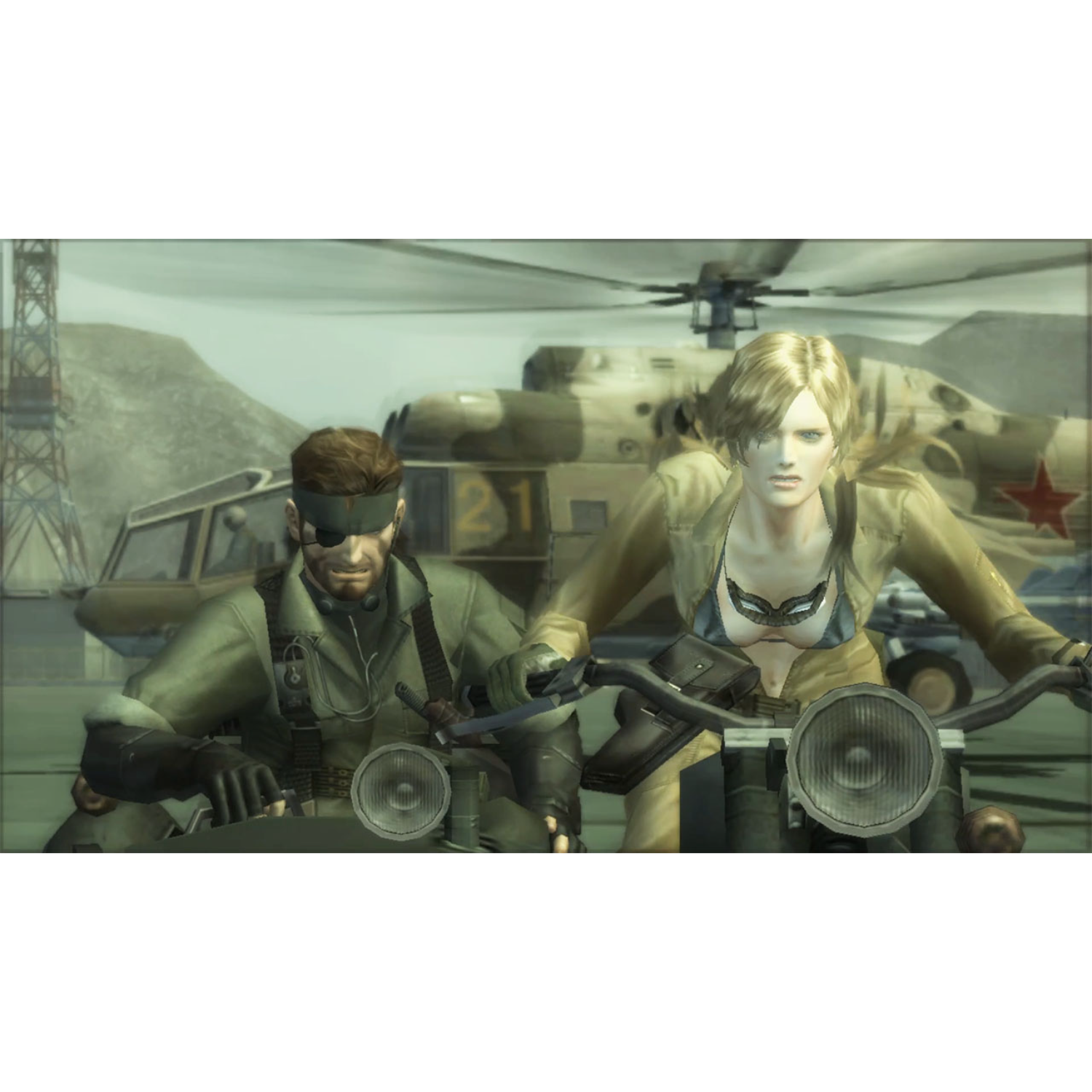 Scena z gry: Dwie postacie na motocyklu, helikopter i inne pojazdy w tle.