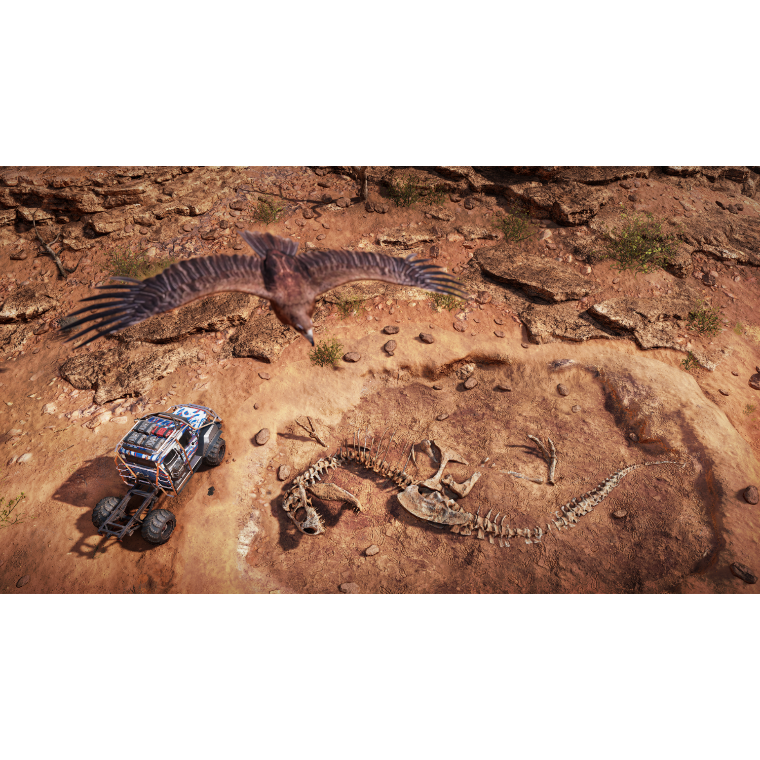 Off-road voertuig in een woestijnlandschap, vogel die overvliegt, dinosaurus skelet.