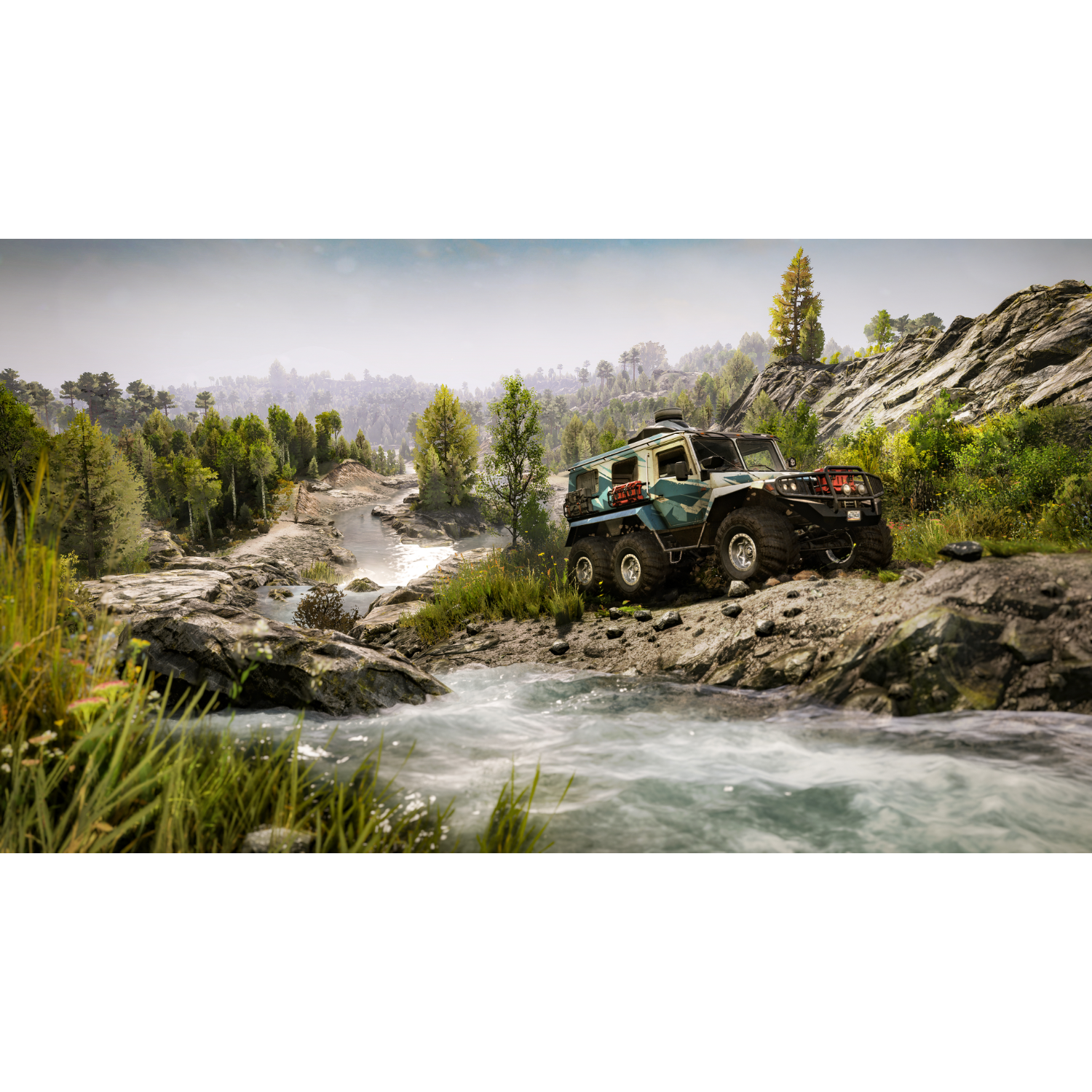 Game scene: Een ruige truck in een rivier, omringd door bomen en bergen, onder een bewolkte lucht.