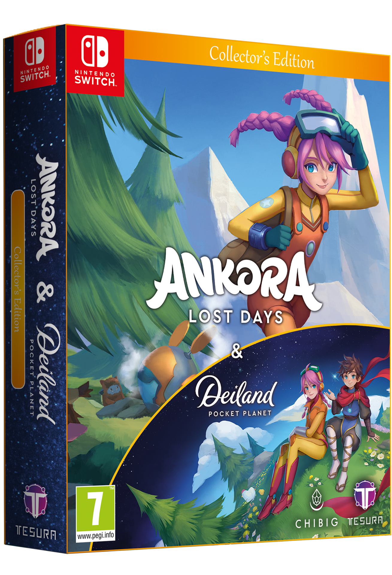 Scatola del gioco per Ankora & Deiland. Una ragazza con occhiali su una montagna, altri personaggi e cielo blu.