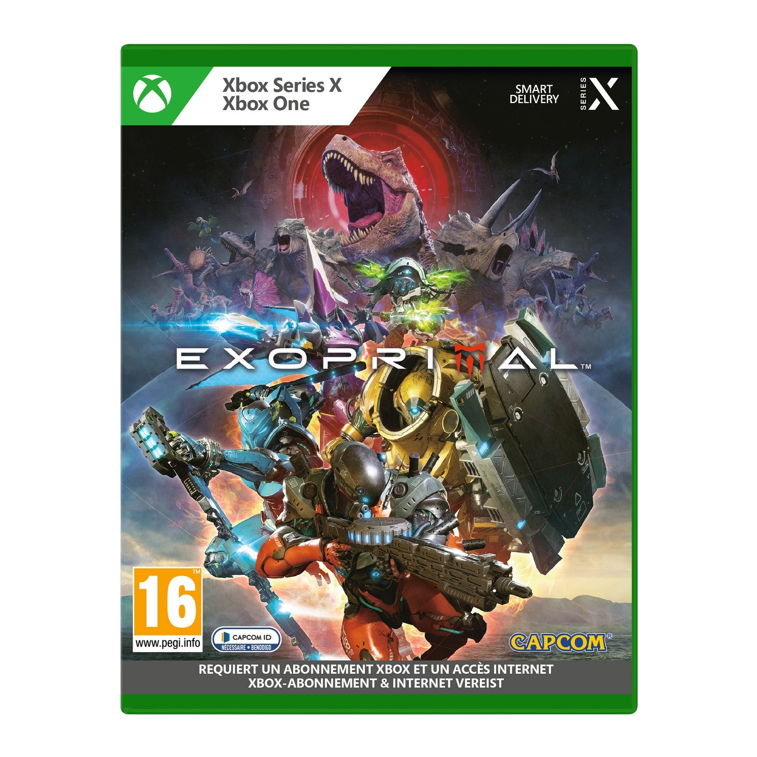 Okładka gry Xbox Series X 'Exoprimal' z dinozaurami i opancerzonymi postaciami.