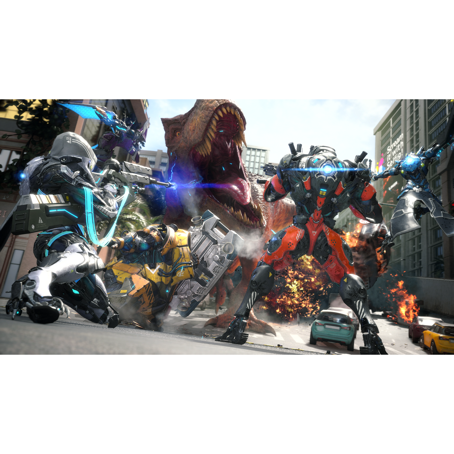 Scena z gry z robotami, dinozaurem i ludźmi walczącymi na ulicy miasta z eksplozjami.