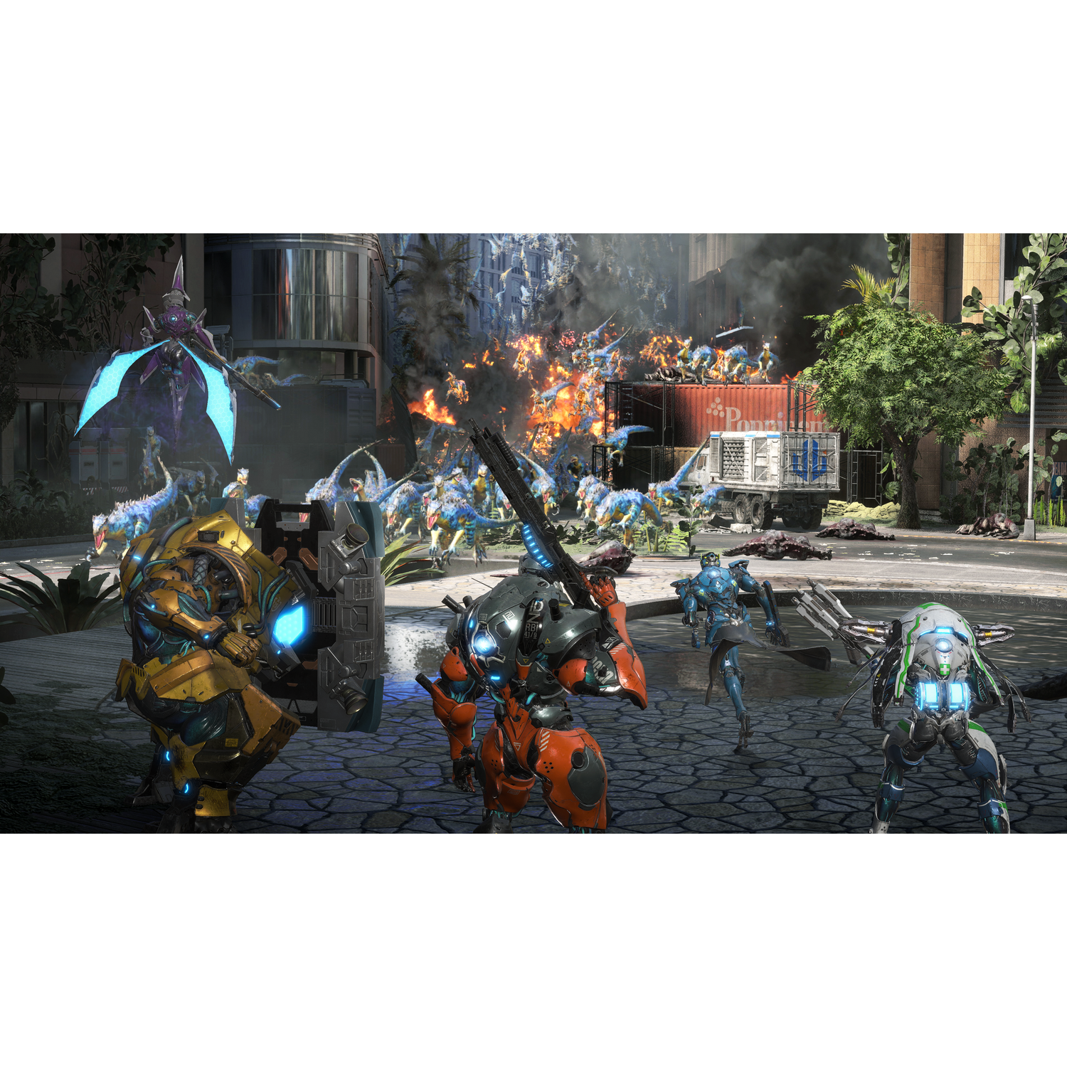 Roboty walczą w płonącym mieście. Widoczne są eksplozje i chaos.