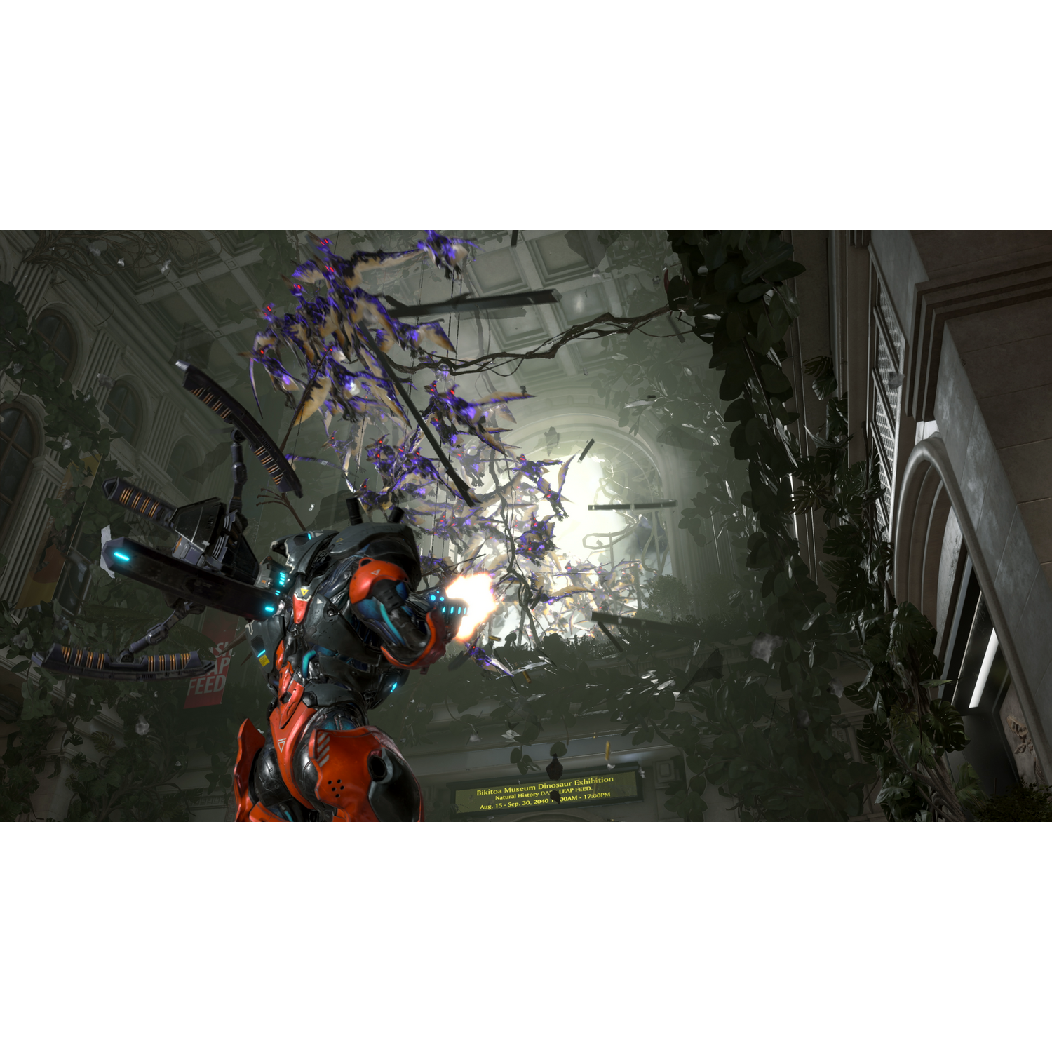 Futurystyczny robot walczący w zrujnowanym budynku, z winoroślami rosnącymi wszędzie.