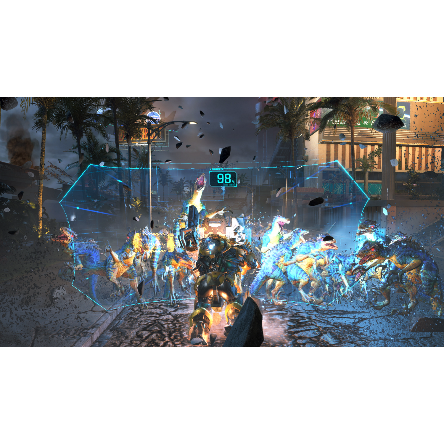 Futurystyczna scena z postacią walczącą z dinozaurami z tarczą.