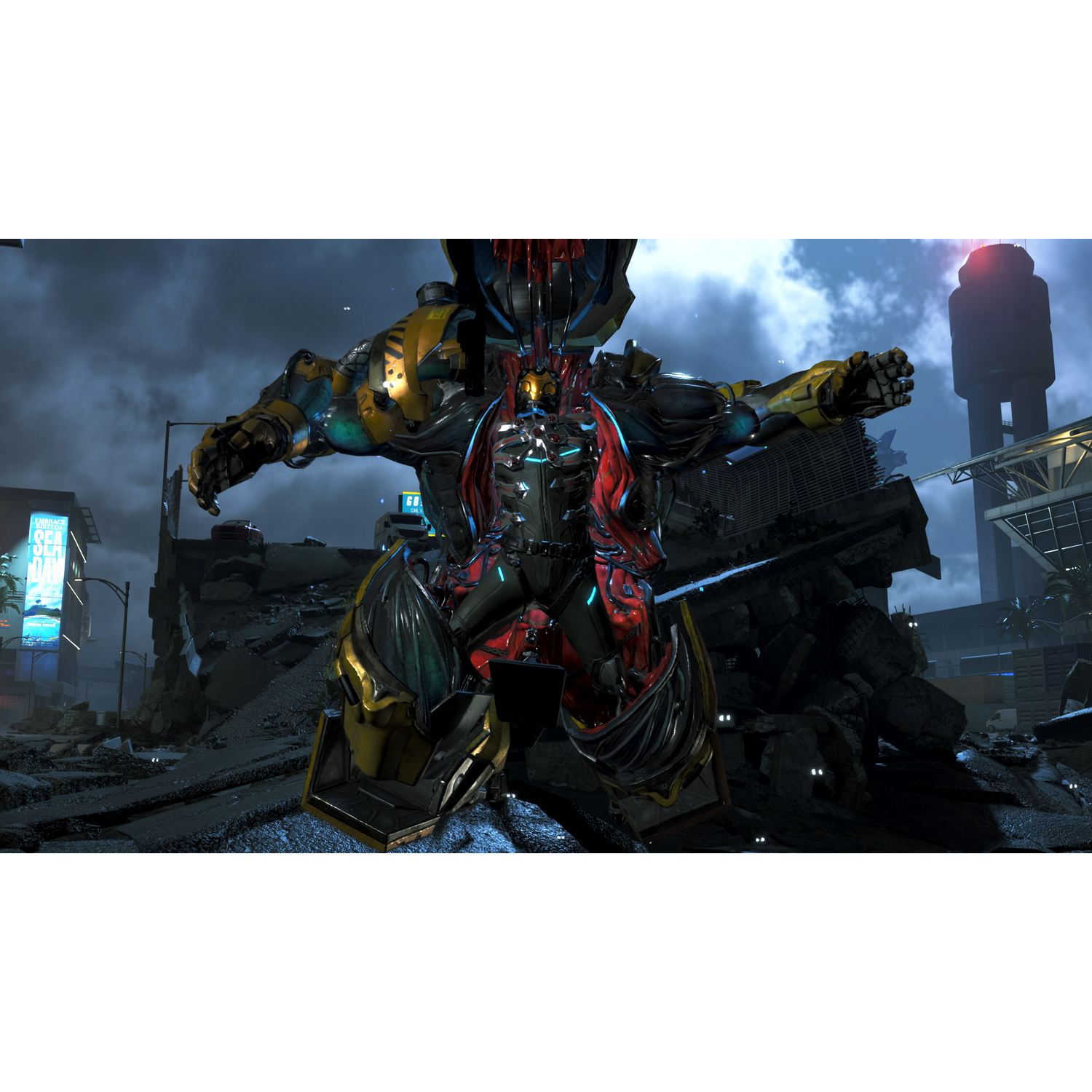 Gigantyczna figura robota stojąca w zrujnowanym krajobrazie miejskim, z ciemnym niebem i futurystycznymi elementami.