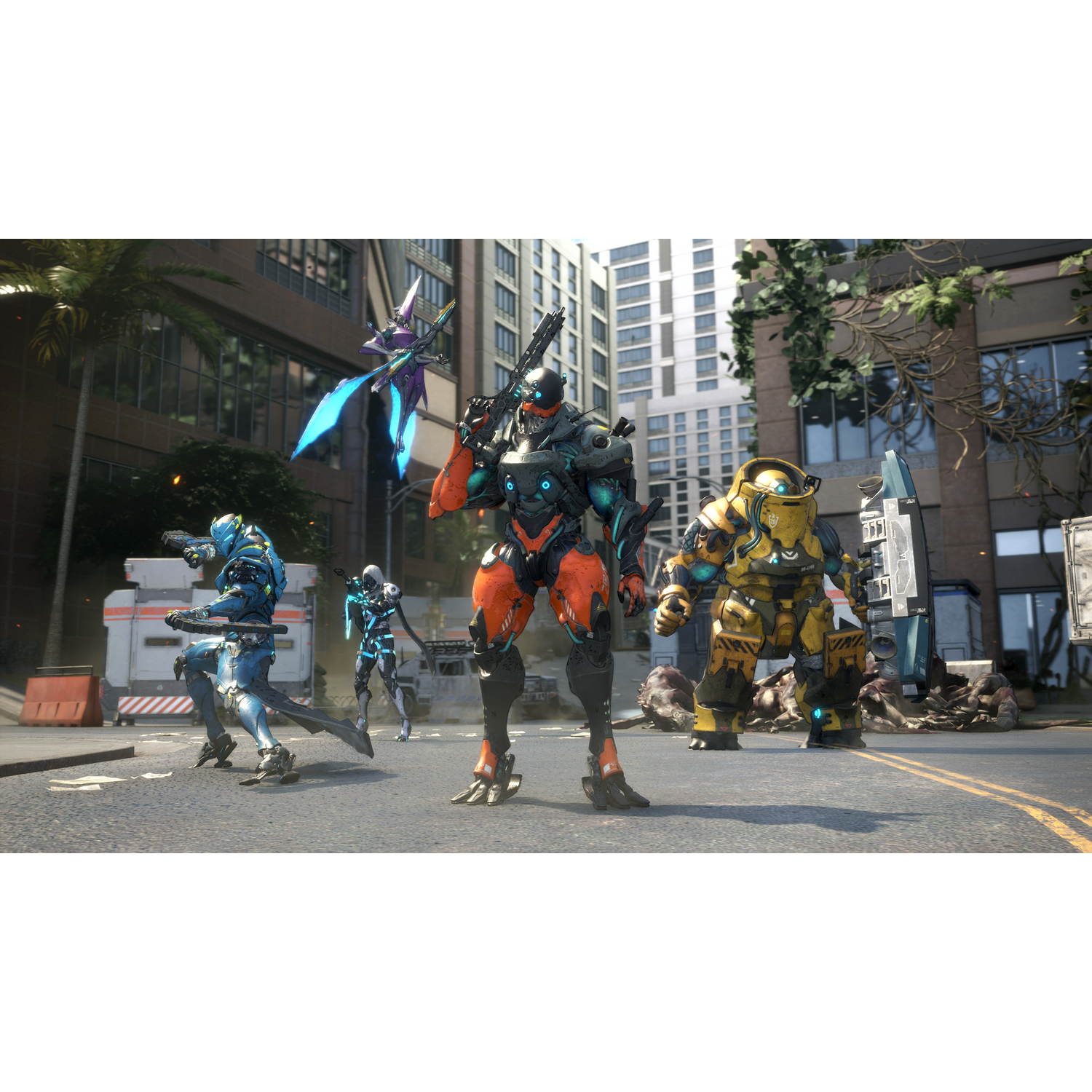 Scena z gry. Kilka robotów na ulicy miejskiej. Jeden robot trzyma broń, inni w postawach bojowych, budynki.