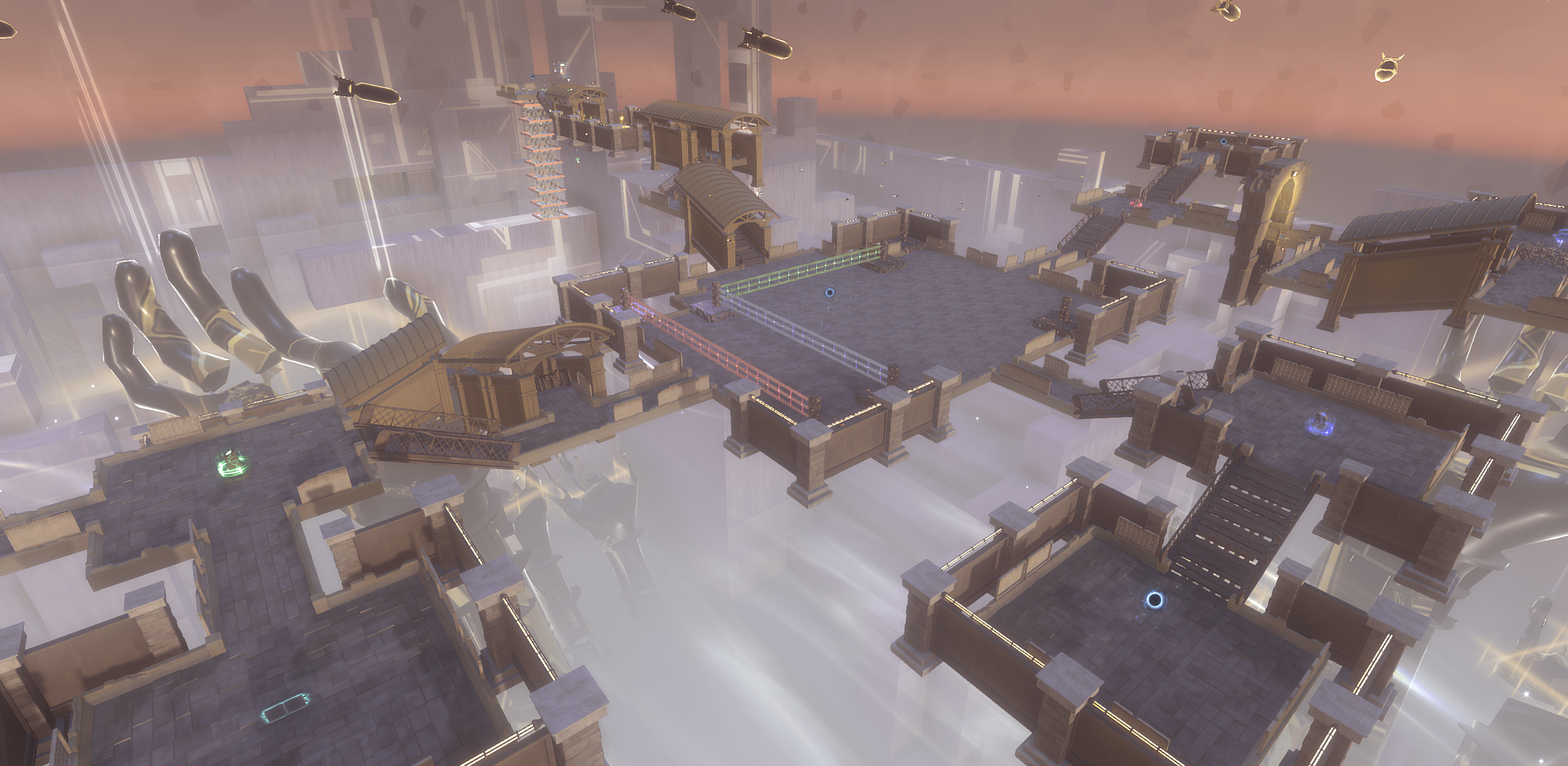 Futurystyczne miasto z platformami, budynkami i strukturami zawieszonymi w powietrzu. Scena jest surrealistyczna i zwiewna.