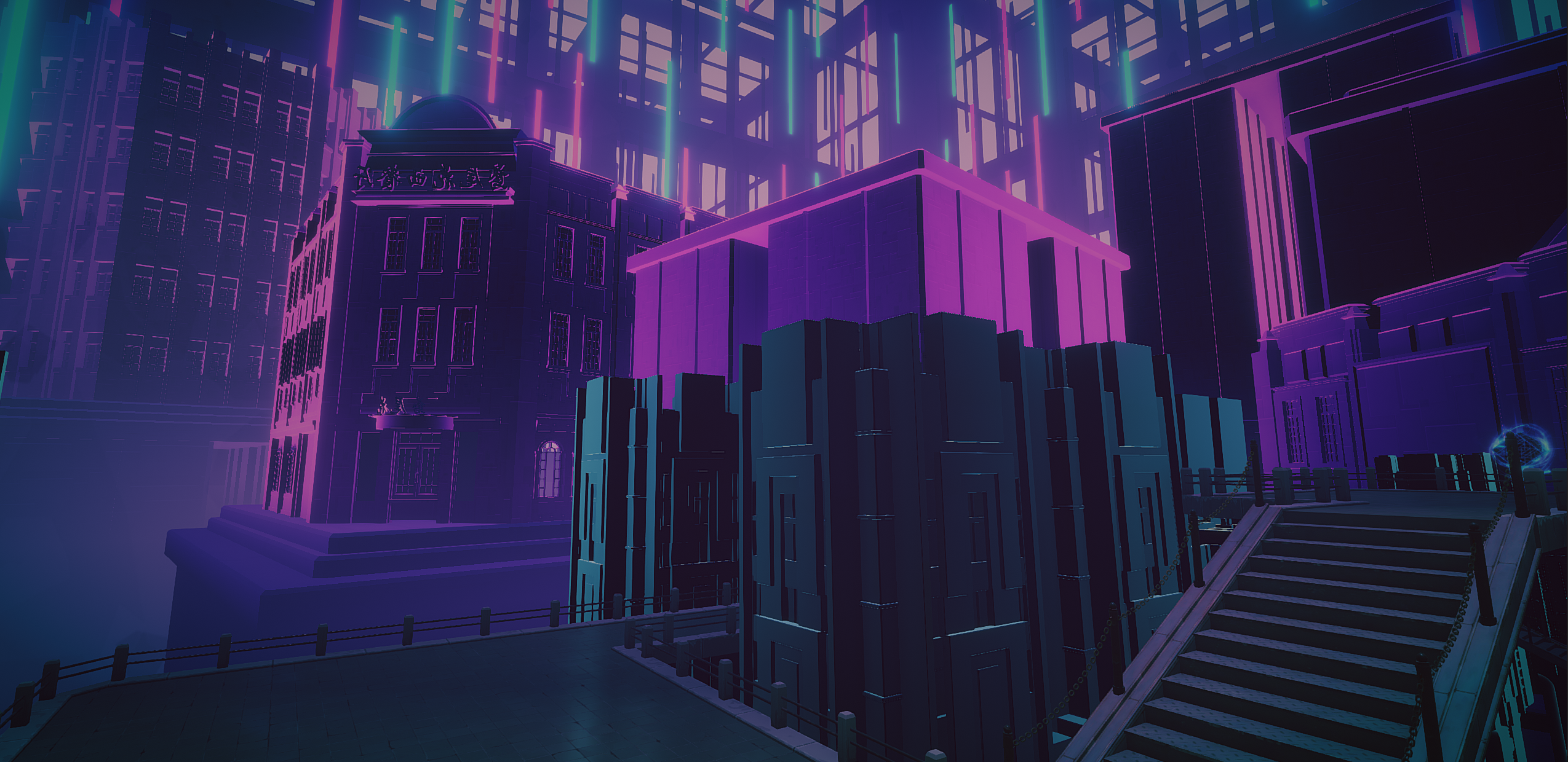 Scena neonowego miasta z budynkami, schodami i światłami. Fiolet i niebieski dominują w futurystycznym otoczeniu.