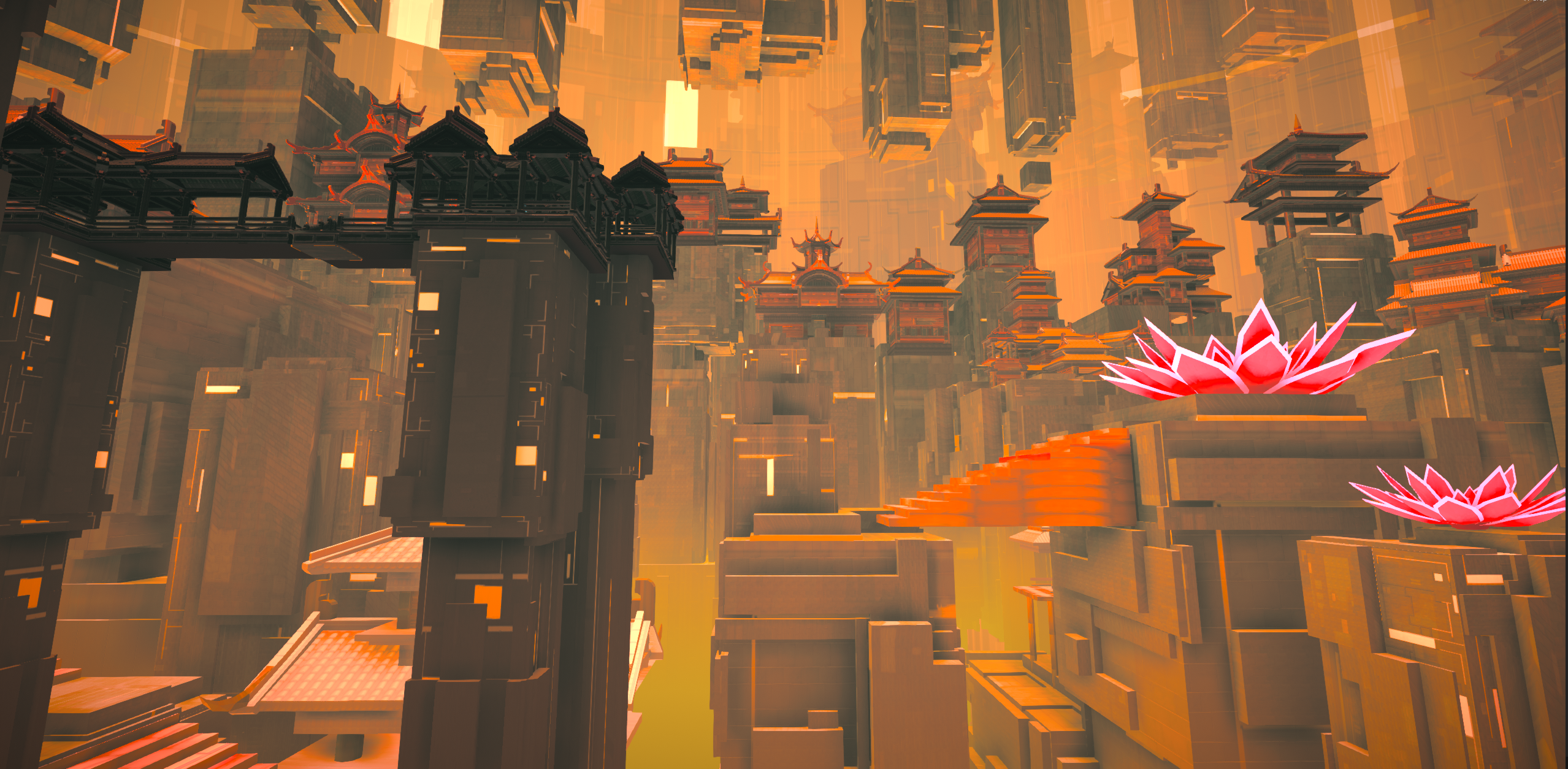 Abstrakcyjny krajobraz miejski. Budynki z mostami i kwiatami lotosu. Dominują kolory pomarańczowy i brązowy.