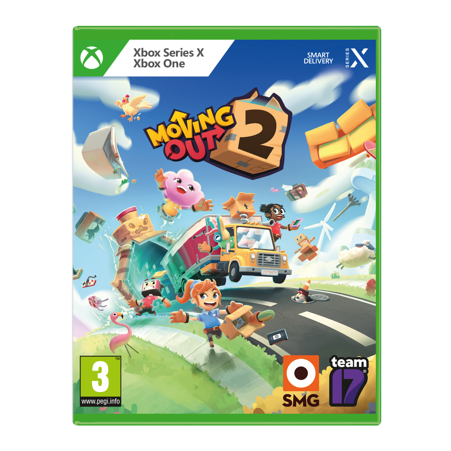 Xbox Series X gamebox voor Moving Out 2. De cover toont een cartoonscene met een vrachtwagen en personages.