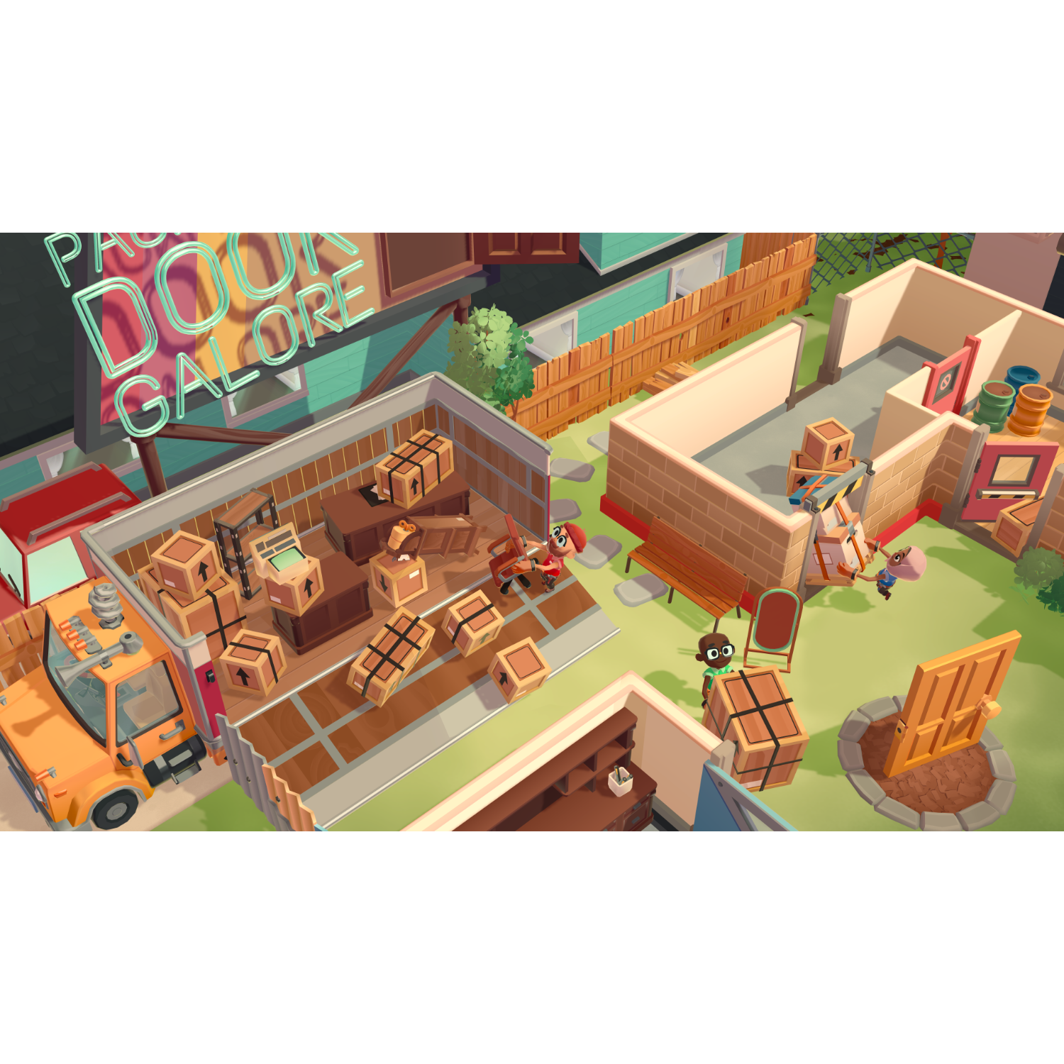 Een game scene: dozen die worden verplaatst door personages in een huis en een vrachtwagen die buiten geparkeerd staat.