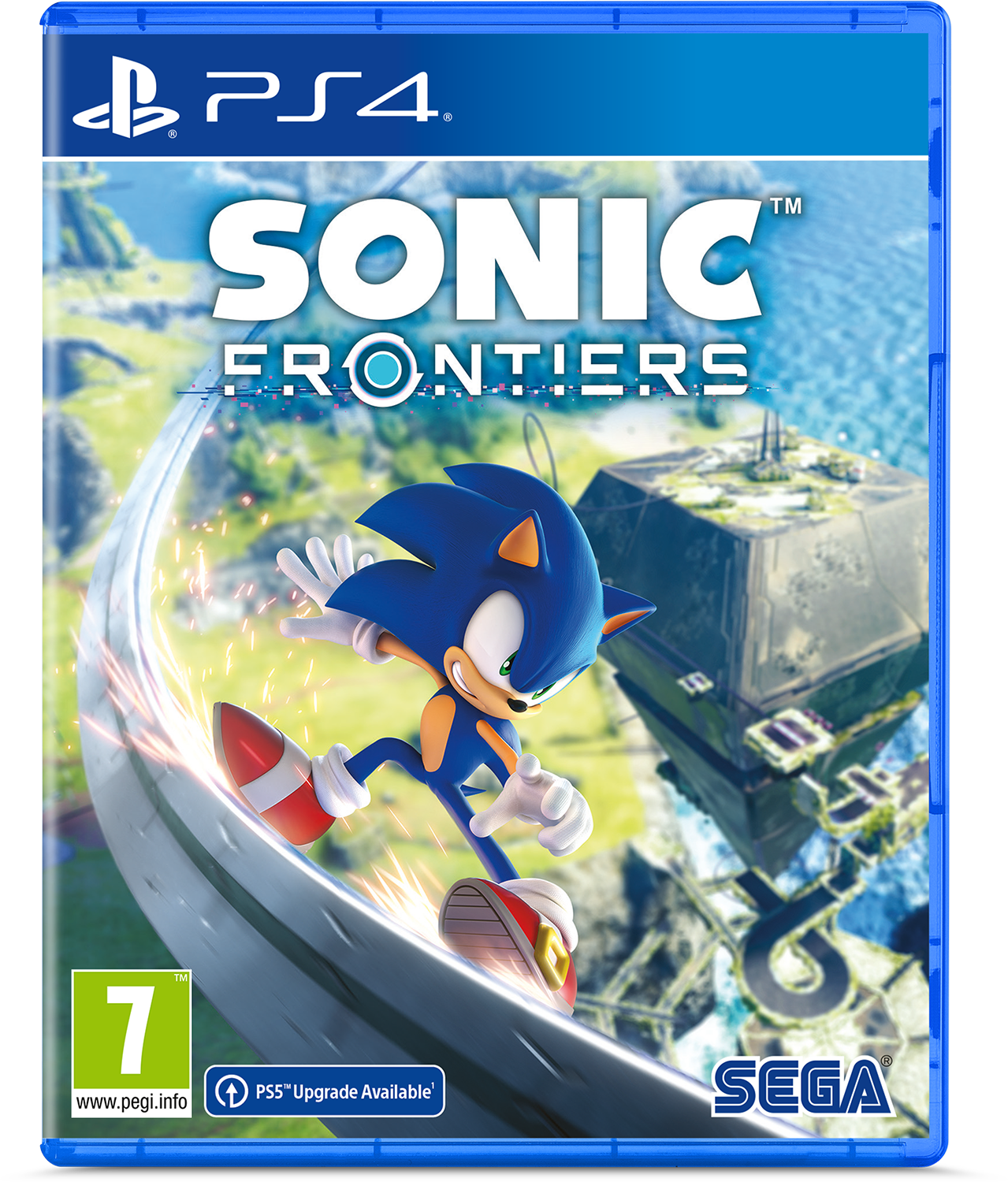 PS4 gamebox voor 'Sonic Frontiers'. Sonic op een rail, blauwe en witte kleuren, futuristische achtergrond.