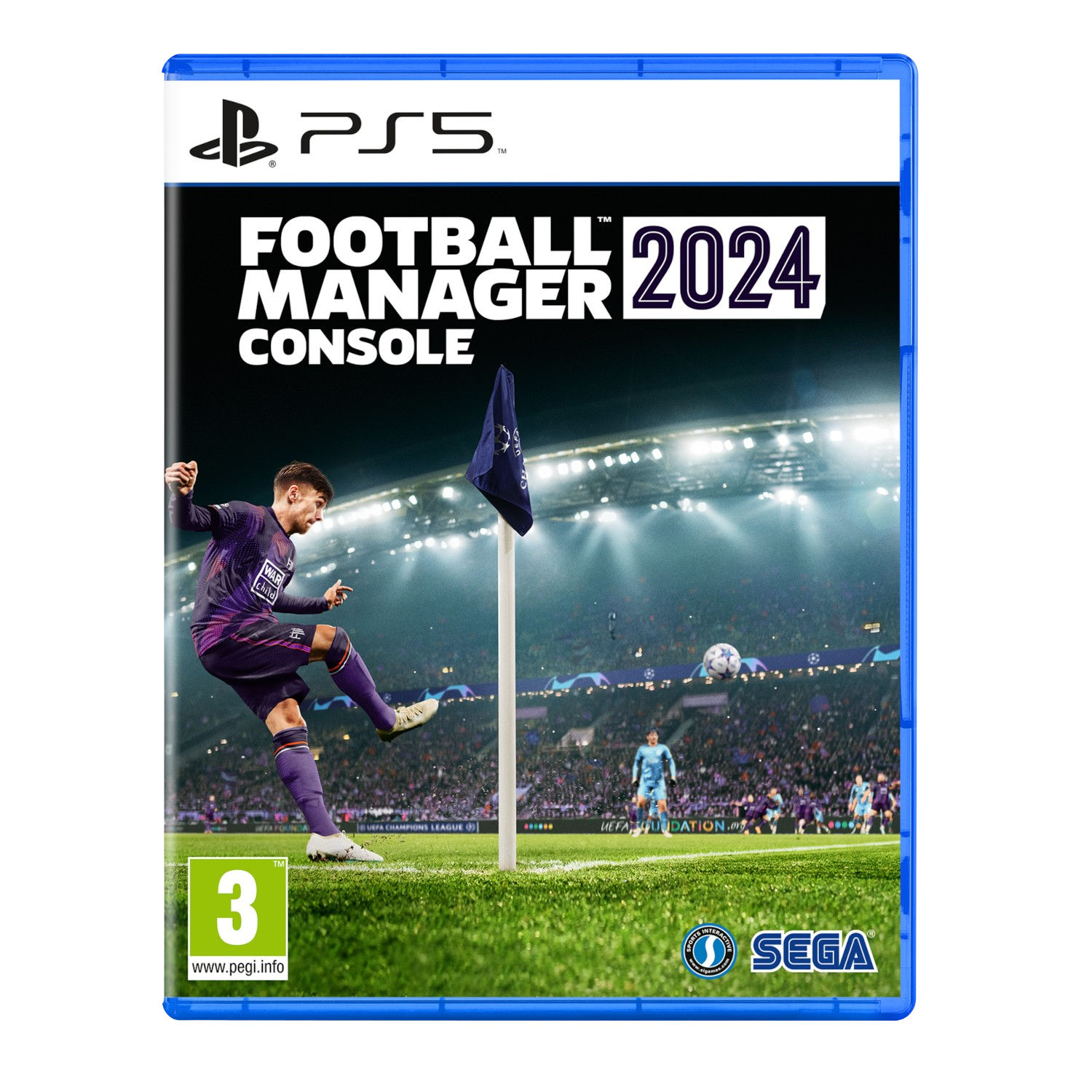 Scatola del gioco Football Manager 2024 per console. La copertina mostra un calciatore che calcia un pallone.
