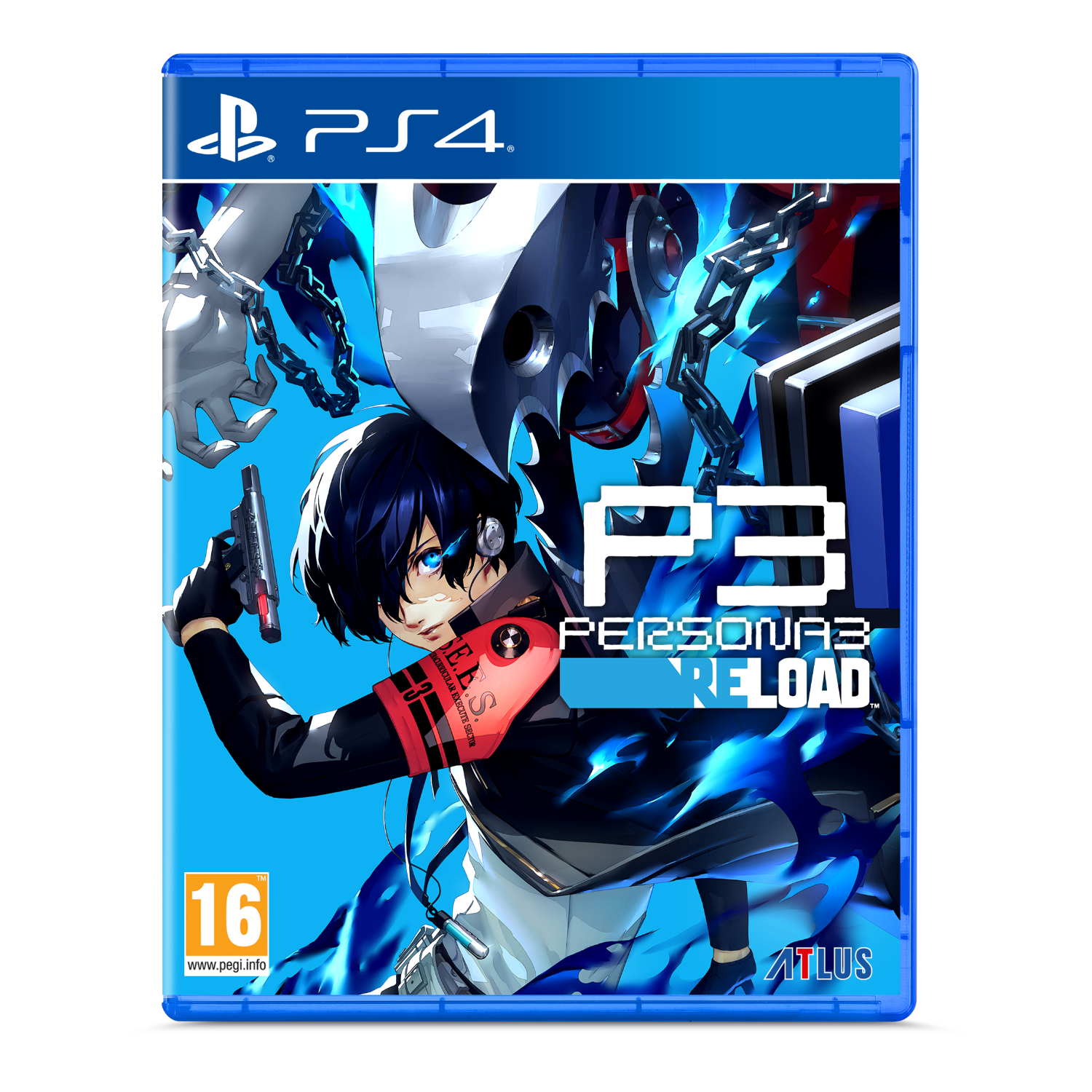 Copertina del gioco: "Persona 3 Reload" con un personaggio che tiene una pistola su un case di gioco blu.