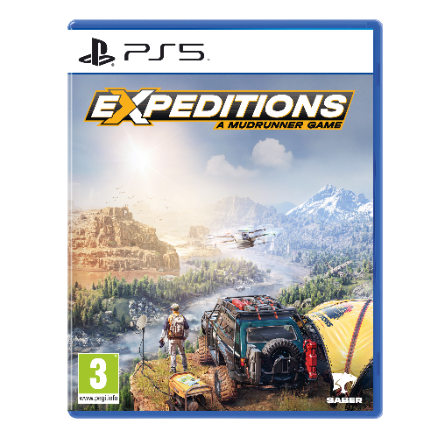 PS5 game cover voor 'Expeditions: A Mudrunner Game' met een voertuig, bergen en een helikopter.