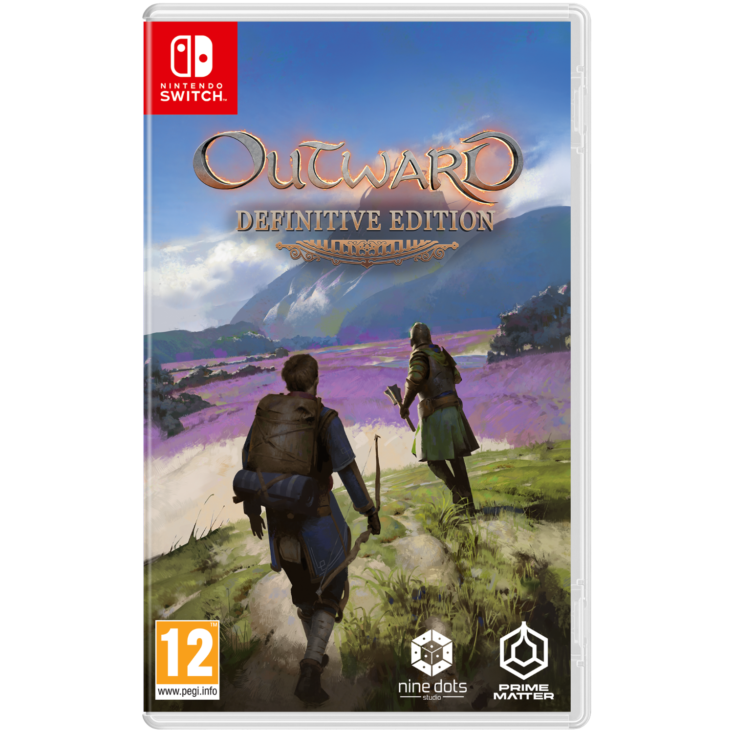 Copertina del gioco: "Outward: Definitive Edition" con due personaggi con un arco, su un case Switch.