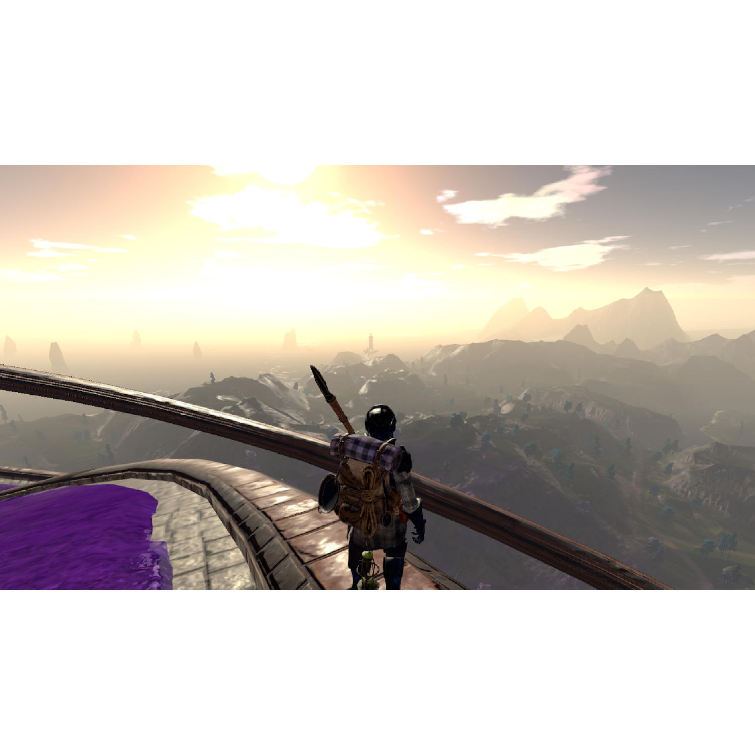 Scena di gioco: Un personaggio su un ponte, che domina una valle con montagne, un'area viola e un tramonto.