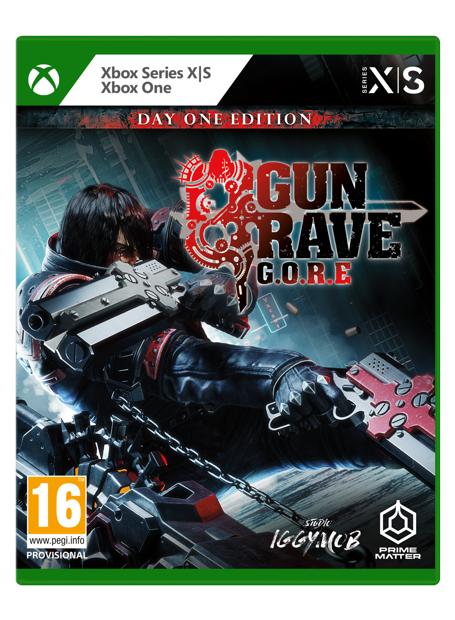 Okładka gry: "GunGrave G.O.R.E" z postacią z bronią, na obudowie Xbox Series X/S.