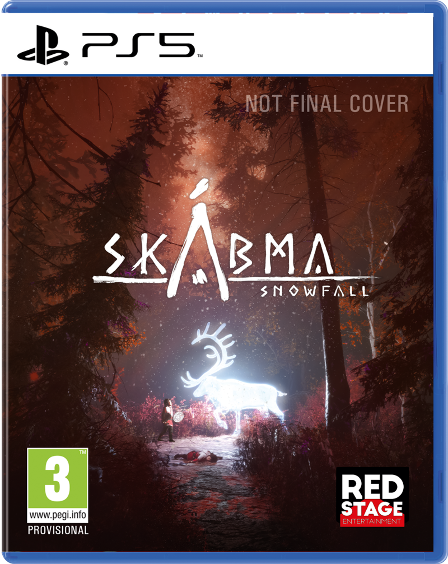 Illustrazione della confezione del gioco con un cervo luminoso, una figura e alberi. Il titolo del gioco è Skábma: Snowfall.